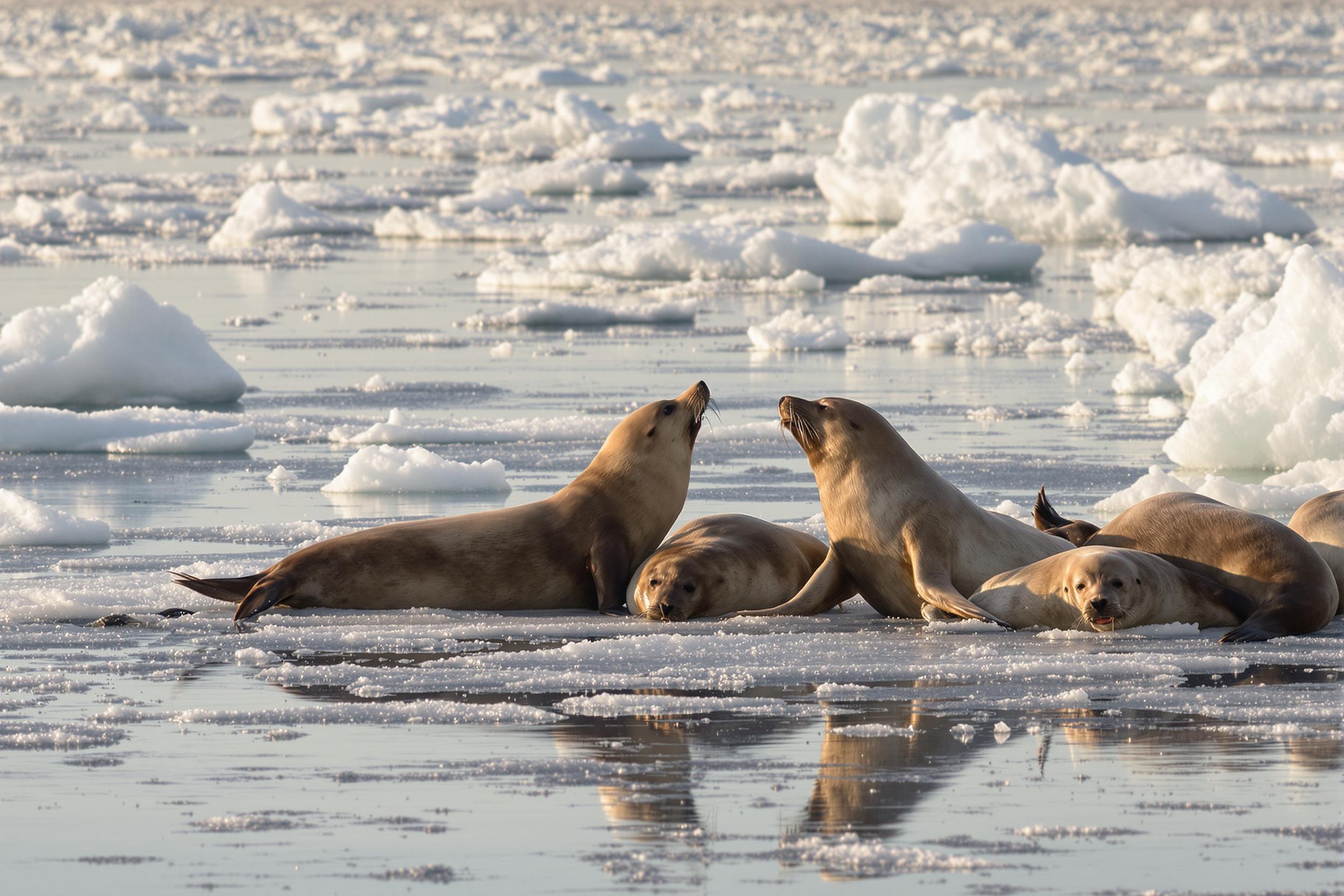 On an icy Arctic shoreline, a group of seals interact playfully near scattered ice floes. Soft late-afternoon sunlight creates a warm contrast against the shimmering cold hues of the ice. Fine details show the seals' sleek, wet fur textures as their movements disrupt reflections on the icy beach. The vast horizon fades into subtle atmospheric haze.