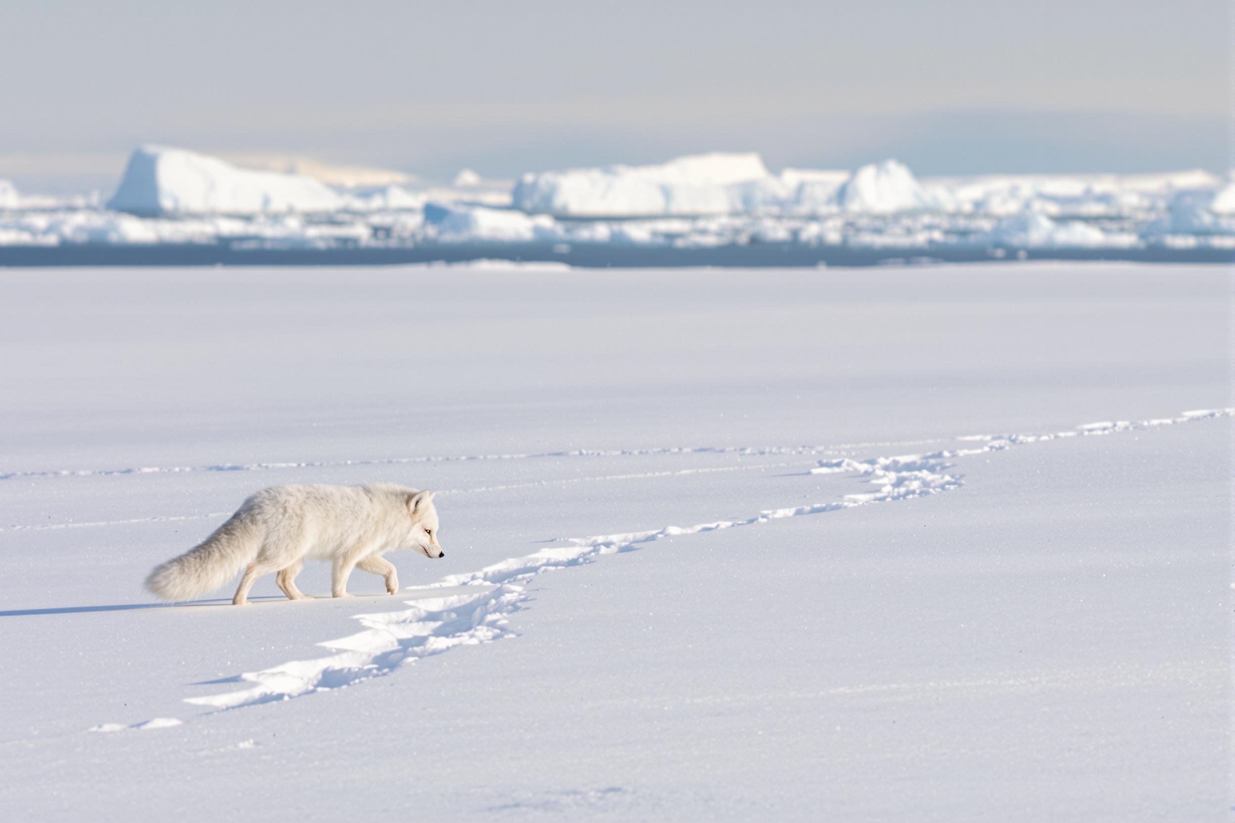 A solitary arctic fox navigates a pristine snowy tundra under muted daylight, blending seamlessly into its frozen surroundings. The wisps of distant icebergs on the horizon contrast with delicate paw prints trailing behind it. Fine details in the thick winter coat against a monochromatic environment create a serene yet striking composition.