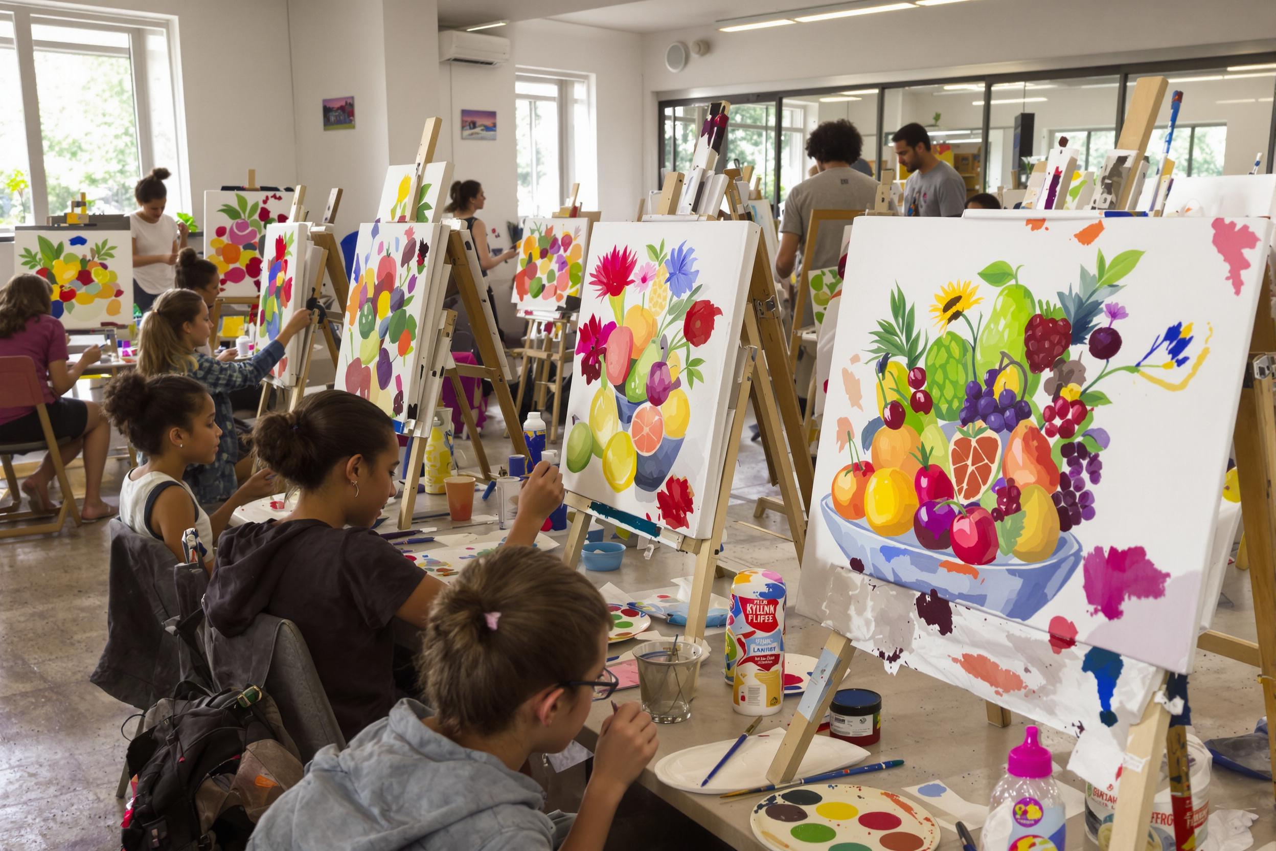 A vibrant art class buzzes with creativity as students of all ages enthusiastically paint still life setups. Different canvases reveal diverse interpretations of colorful fruit arrangements under the soft light filtering through large windows. Brushes dipped in vivid paints move quickly, creating a playful atmosphere filled with laughter and artistic energy.