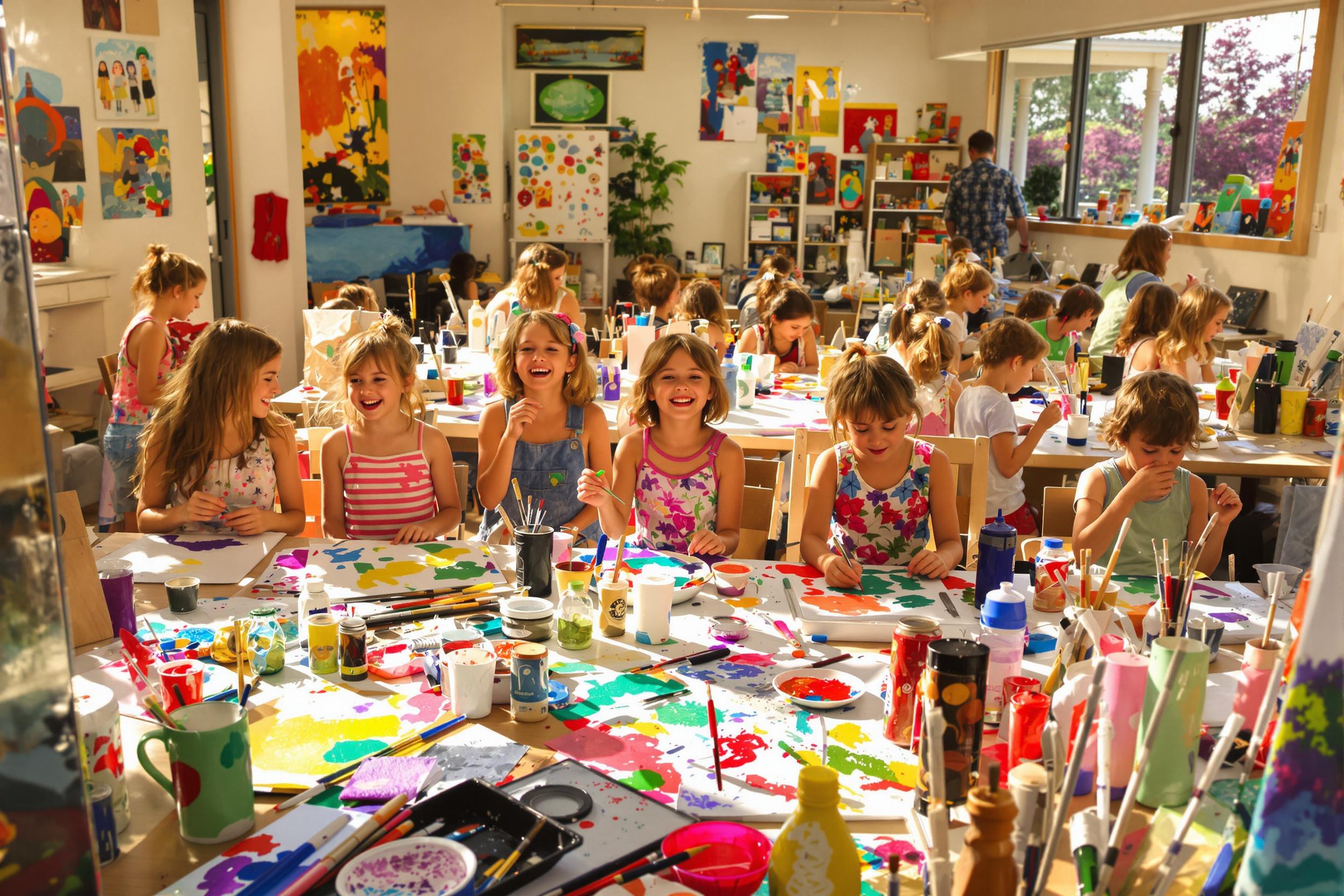 Inside a sunlit studio, children gather around tables brimming with colorful art supplies. Paints in vivid hues, brushes, and sheets of paper lay scattered across the tables. Laughter fills the air as kids passionately create their unique masterpieces. Golden afternoon light illuminates their focused faces and the vibrant works in progress.