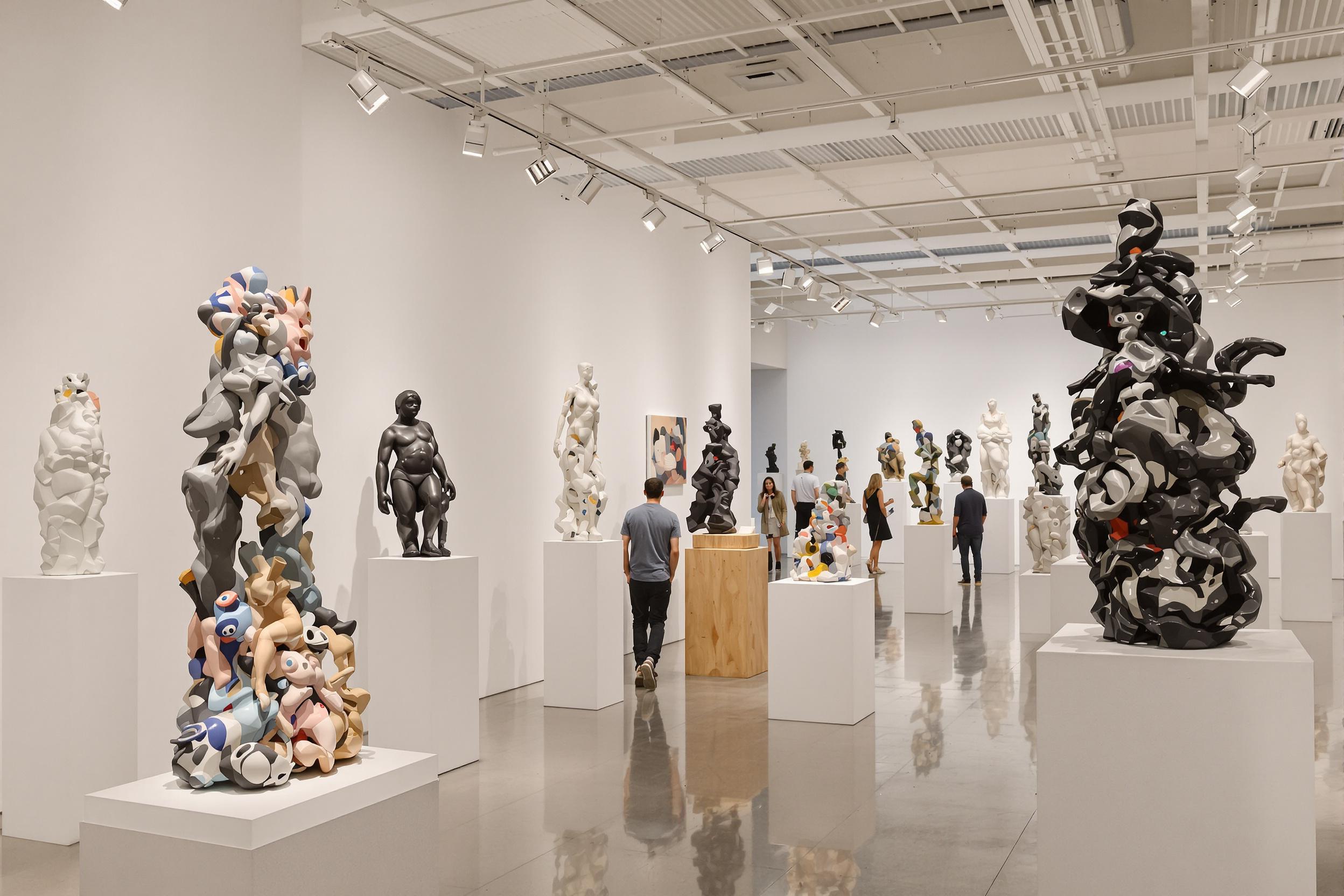 A contemporary art gallery features a spacious interior adorned with striking sculptures. Bright artificial lights illuminate various abstract forms displayed on pedestals, highlighting their textures and intricate details. White walls serve as a backdrop, enhancing the vivid colors of the artworks. Visitors meander through the space, engaged in admiration and discussion amidst the creative ambiance.