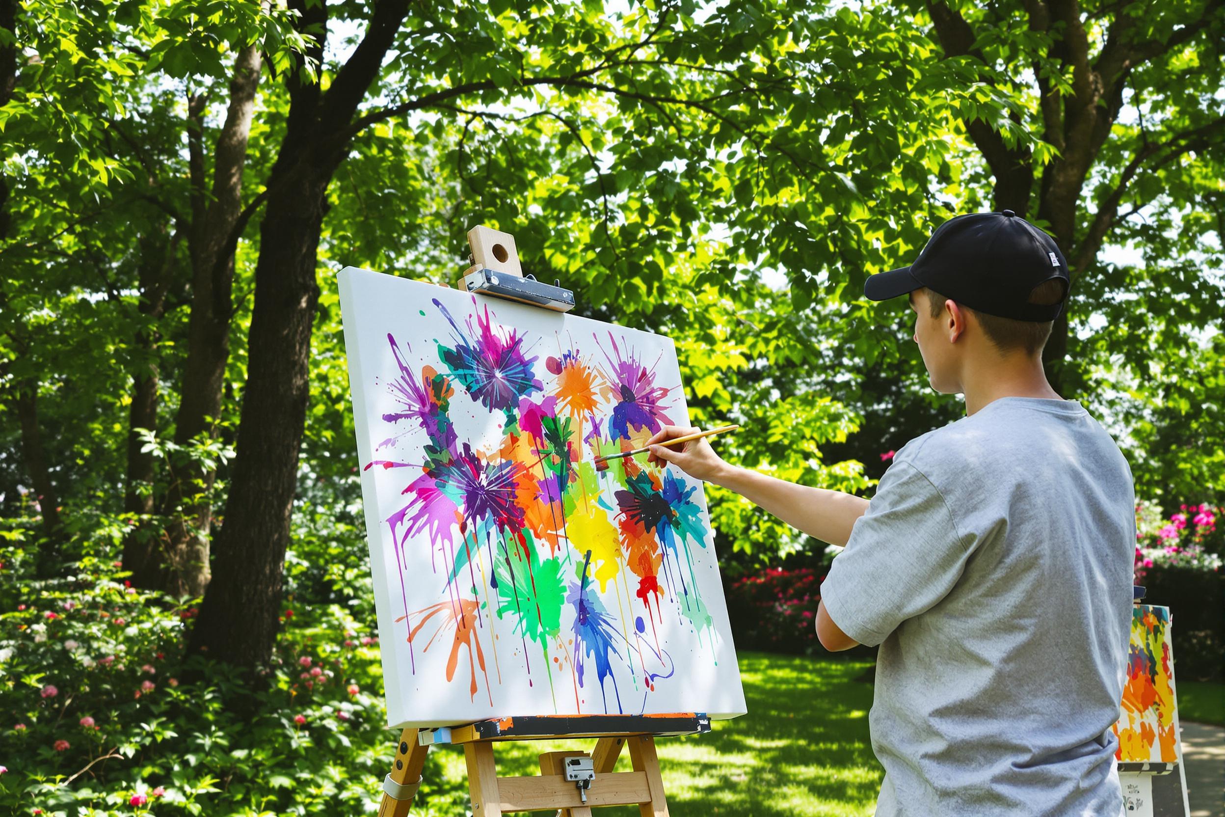 A young artist stands amidst a lush green park, passionately applying vibrant colors to a large canvas on an easel. Sunlight filters through the overhead leaves, casting soft shadows. The surrounding area features blooming flowers and tall trees, adding depth to the scene. The artist's focused expression contrasts with the lively nature around them.