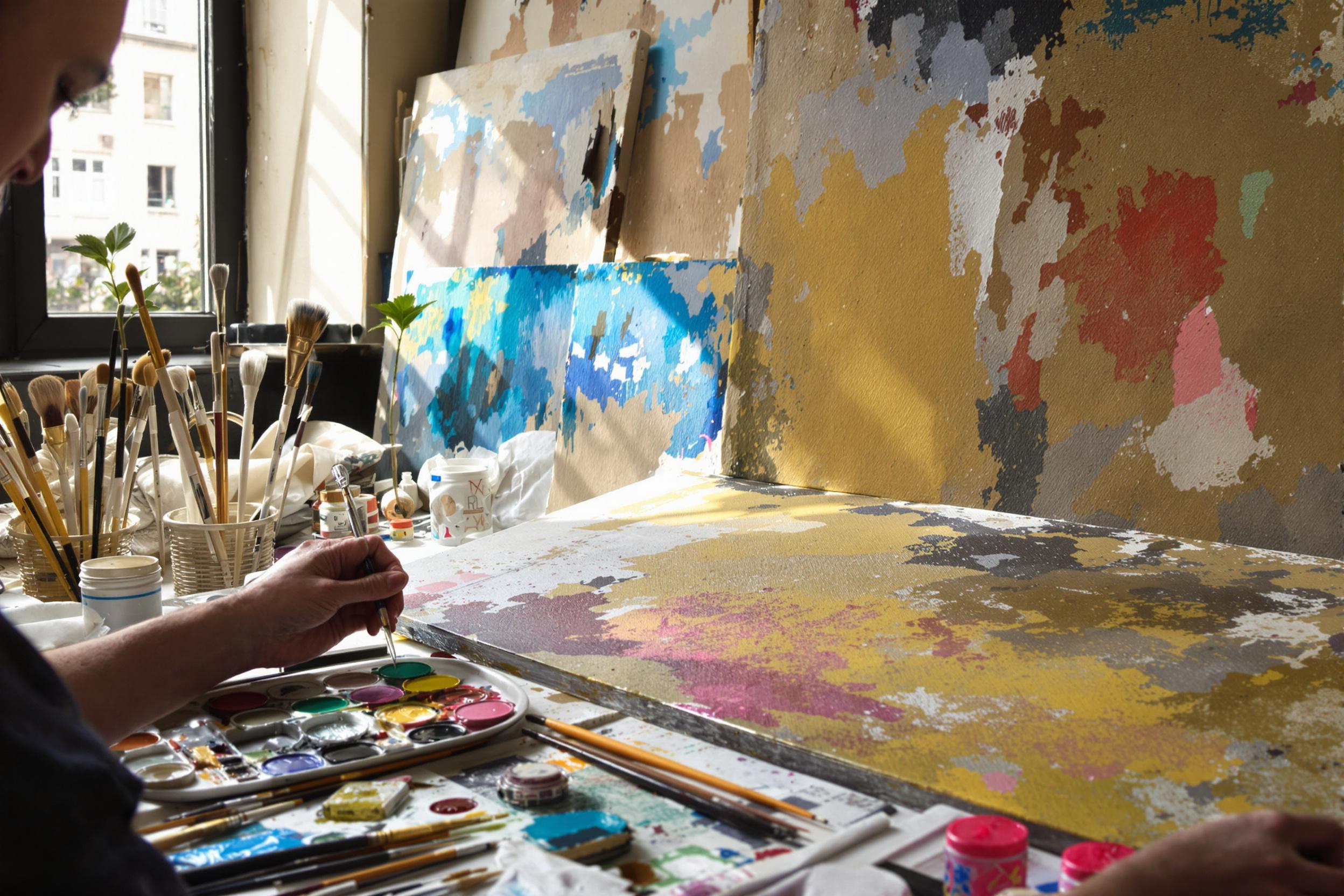 An intimate close-up captures an art restorer’s hands delicately applying pigments to a faded canvas. Surrounding them are various brushes, palettes of vibrant paints, and aged artworks leaning against the wall. Natural light streams through a nearby window, illuminating the meticulous details and varied textures of the workspace.