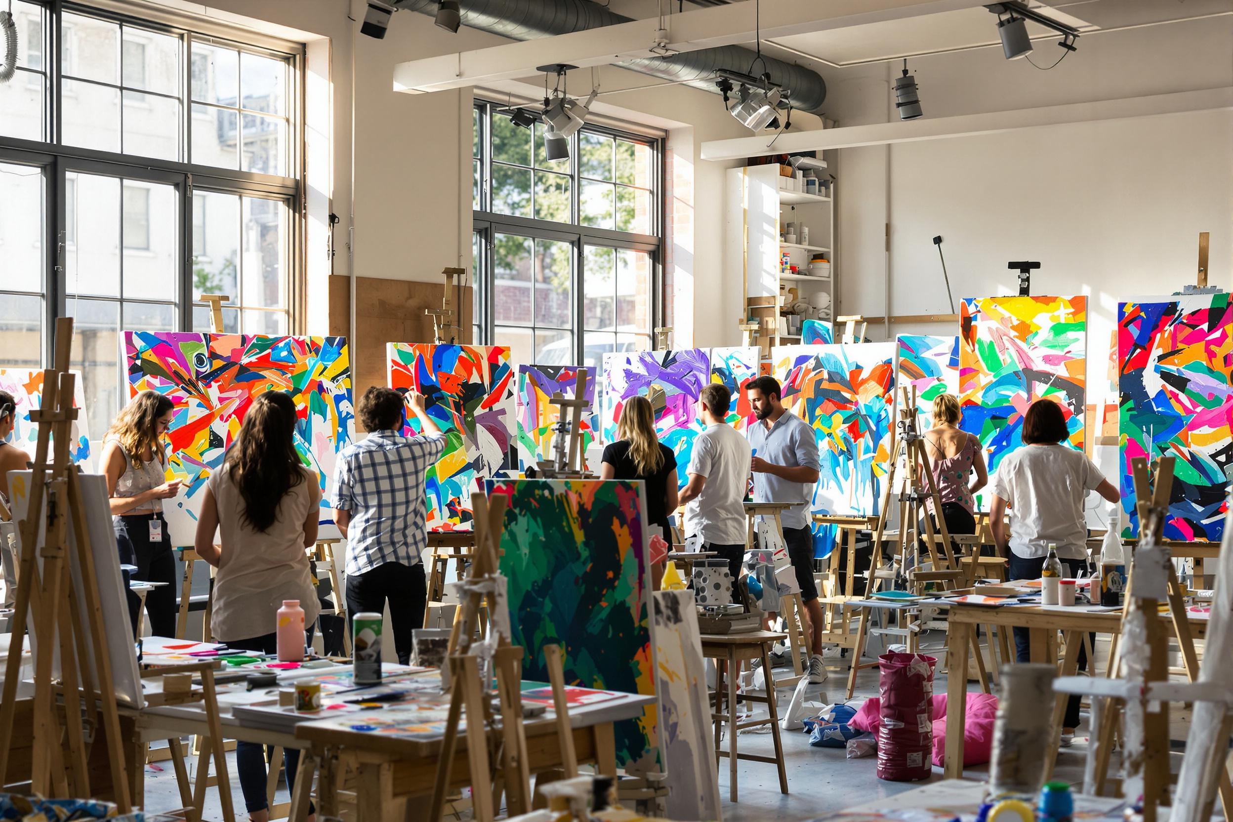 An energetic art studio buzzes with creativity as several artists immerse themselves in painting vibrant abstract works. Large windows bathe the space in soft late afternoon light, enhancing the rich colors splashed across canvases. Brushes sweep across palettes, while lively discussions fill the air, adding depth to the collaborative atmosphere.