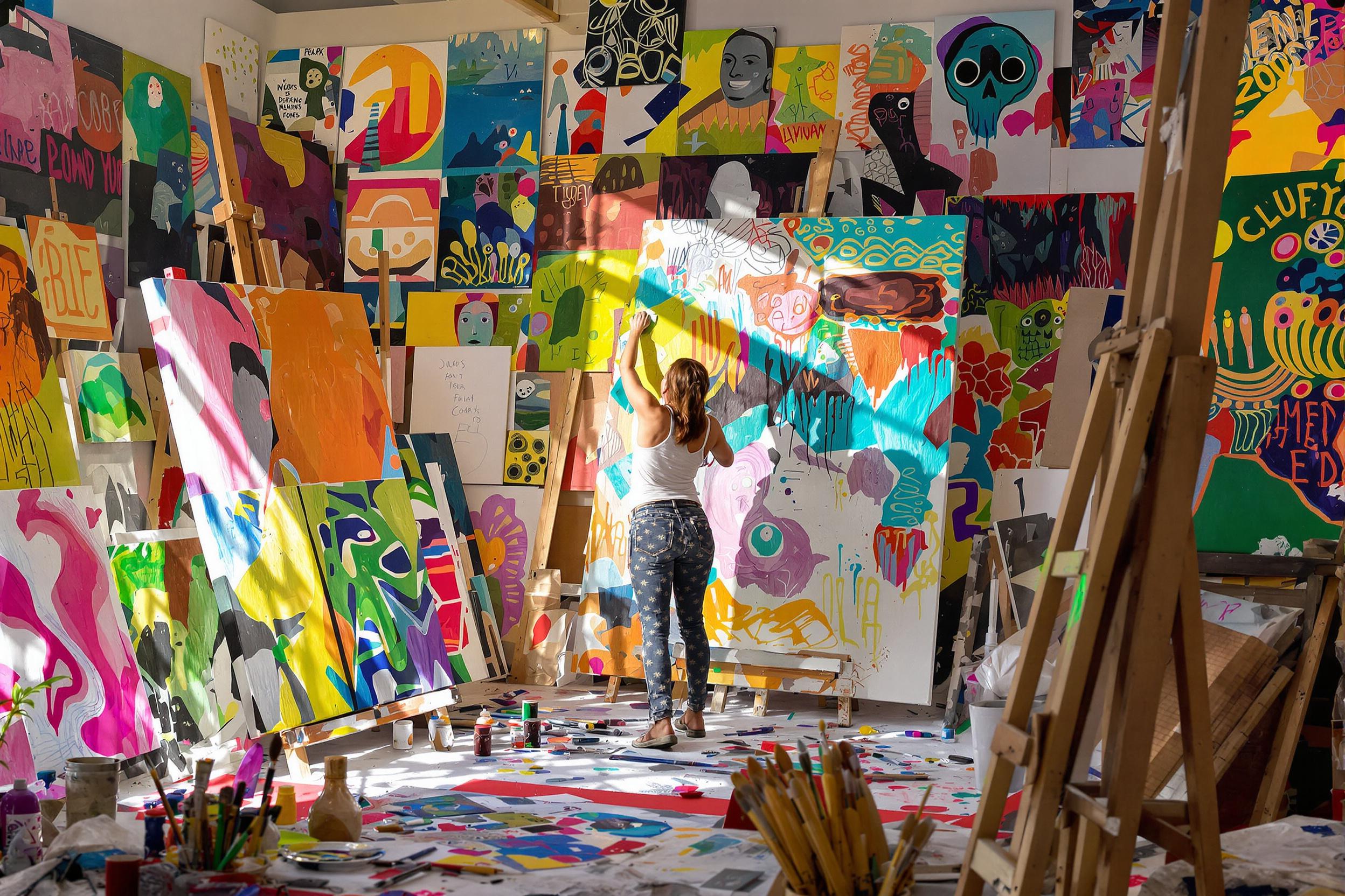 An artist stands passionately before a large canvas in a vibrant studio, illuminated by diffuse midday sunlight. Surrounded by canvases adorned with vivid colors and textures, she skillfully applies paint with broad strokes. The walls are a patchwork of colorful artworks, while scattered brushes and paint tubes clutter her workspace, capturing the essence of creativity.