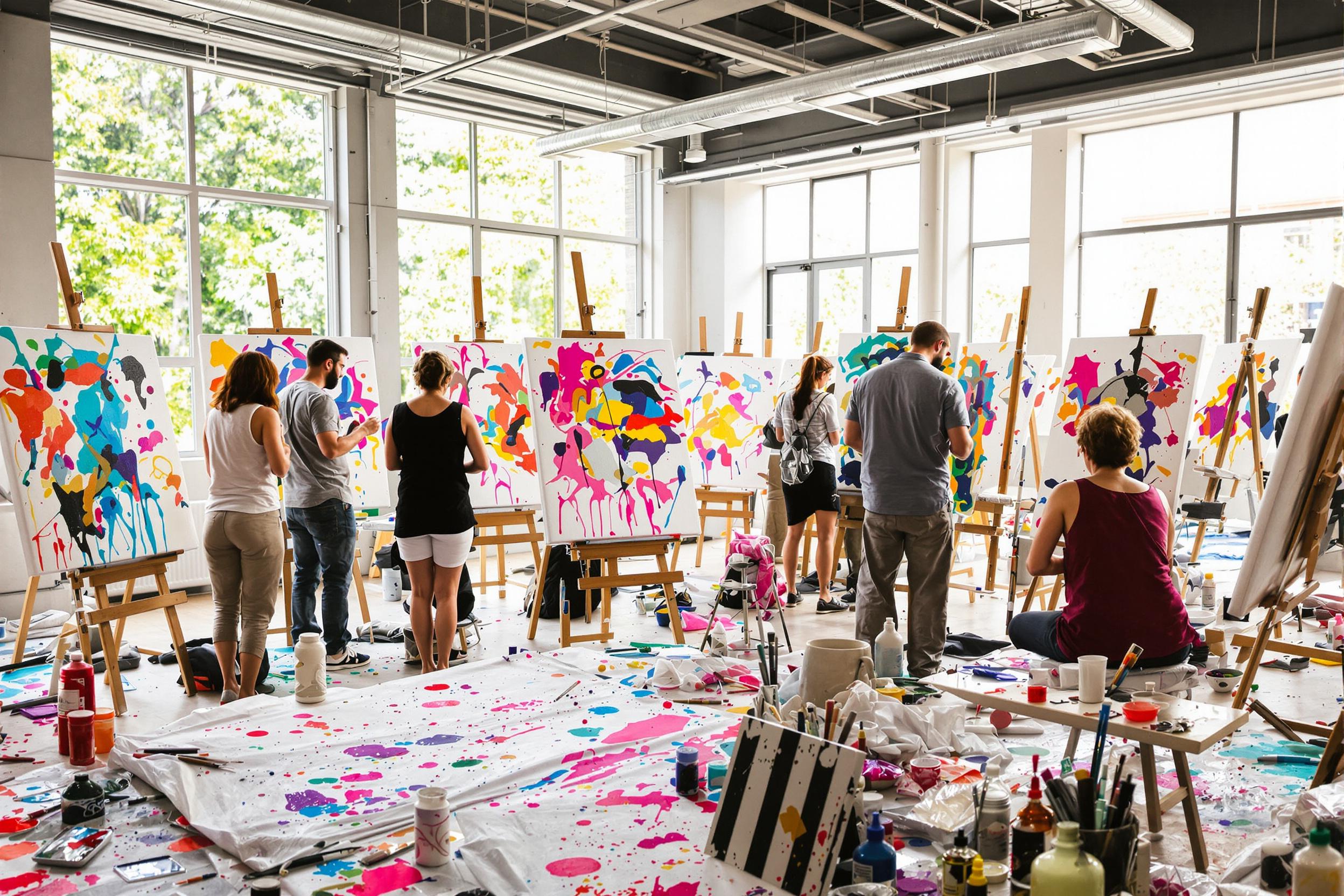 An inspiring art workshop takes place in a brightly lit studio. Adults of varying ages immerse themselves in creating abstract paintings on large canvases, surrounded by vivid splatters of color. Natural light streams through expansive windows, highlighting their focused expressions and the artistic chaos around them, with brushes, paints, and easels scattered throughout the vibrant environment.