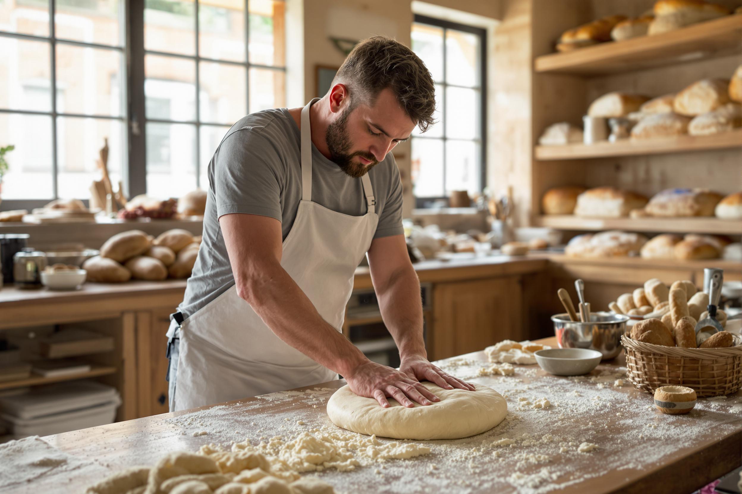 A skilled baker concentrates on kneading dough inside a rustic bakery. Their hands expertly work through the silky texture of the dough, dusted with flour. The warm, inviting atmosphere is enhanced by natural light streaming through large windows, illuminating wooden shelves filled with freshly baked loaves. Tools scattered around represent the artistry of bread-making.