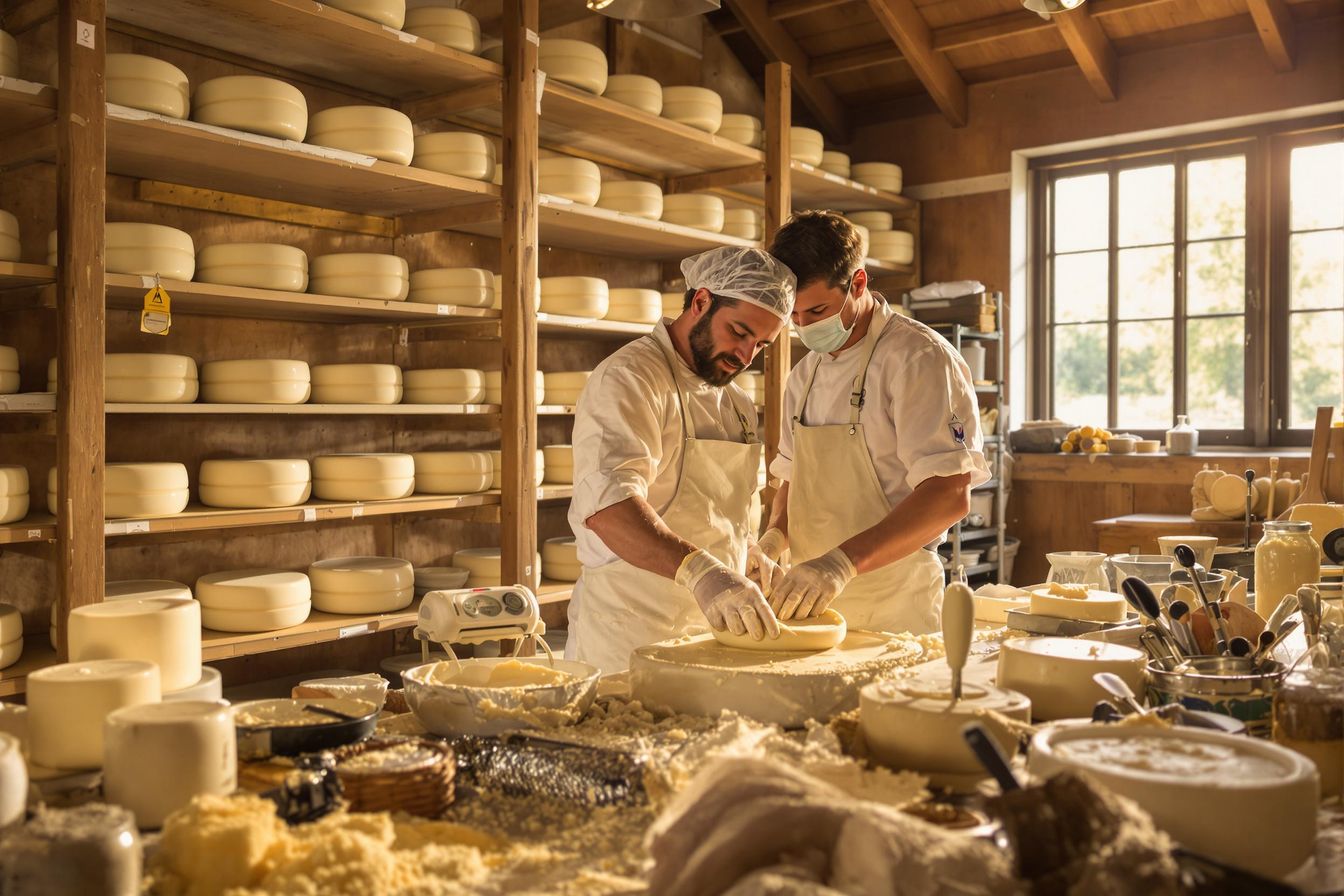 An artisanal cheese maker skillfully molds fresh curds in a rustic dairy farm. The scene is illuminated by warm, soft sunlight filtering through large windows. Surrounded by wooden shelves filled with aging cheeses, the maker's hands are covered in creamy texture, showcasing the craftsmanship involved. Tools such as cheese molds and thermometers are neatly arranged nearby, highlighting the artisanal process.