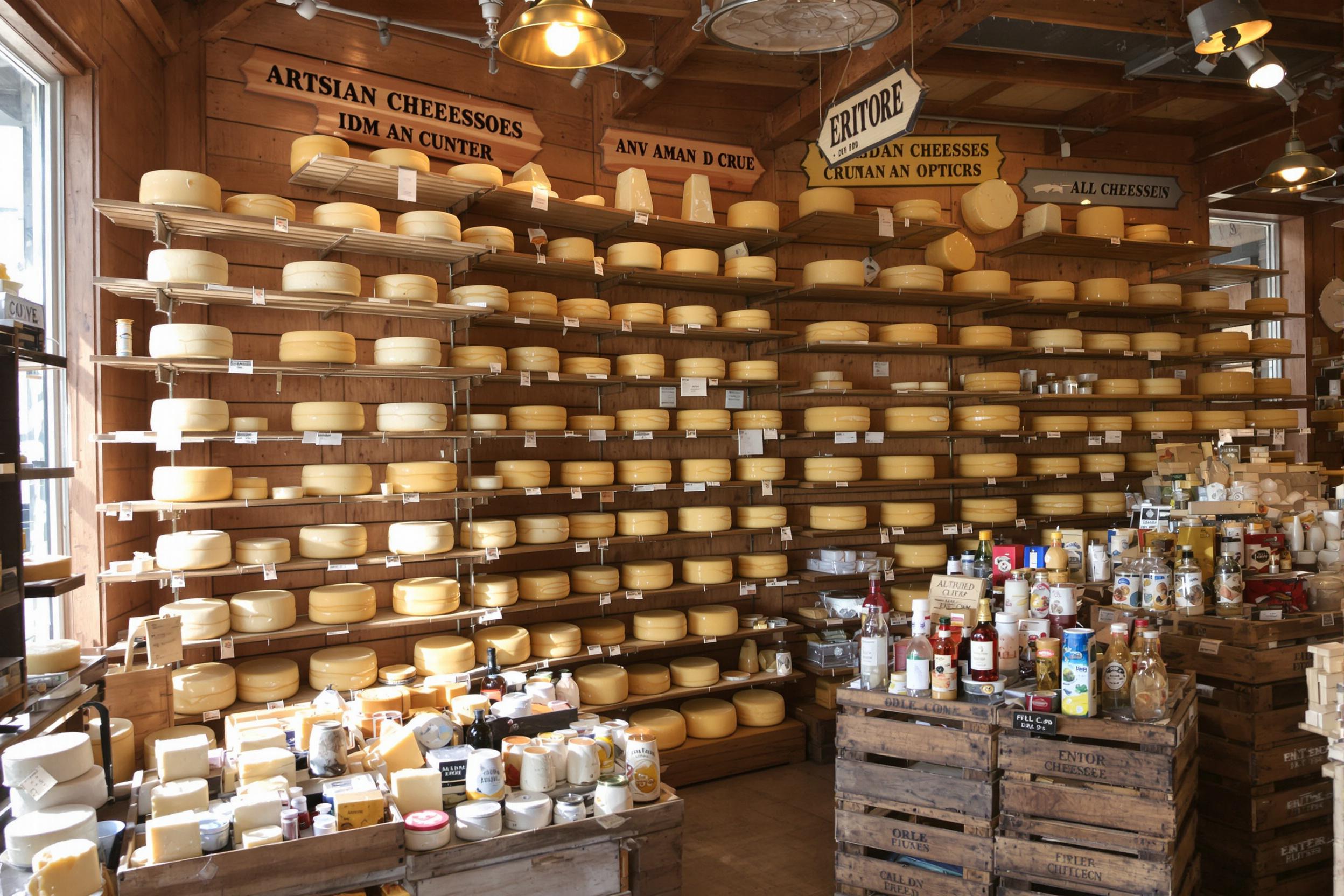 An inviting artisan cheese shop features wood-paneled walls adorned with shelves overflowing with artisan cheeses. Each wheel varies in size and texture, from creamy brie to crumbly aged cheddar. Soft natural light streams through large windows, casting gentle shadows that enhance the richness of the cheeses. Rustic wooden crates display specialty items, adding charm to this culinary paradise.