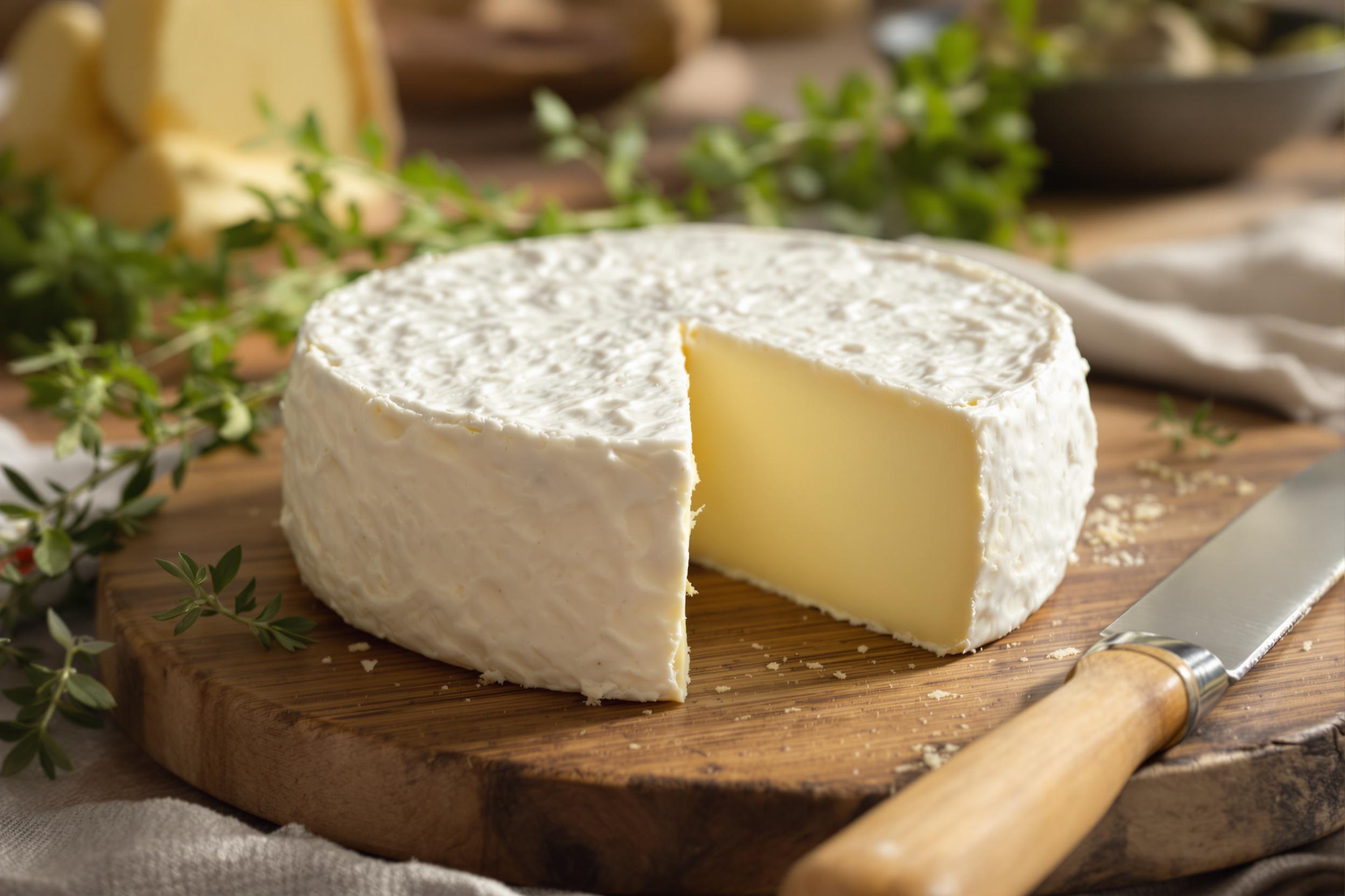 A beautifully crafted artisan cheese wheel rests on a rustic wooden serving board. The rich, creamy surface glistens under soft afternoon light, accentuating its delicate texture and slight imperfections. Surrounding the cheese are sprigs of fresh herbs and a knife with a wooden handle, adding natural accents to the scene. In the blurred background, hints of a cozy kitchen ambiance complete the inviting setup.