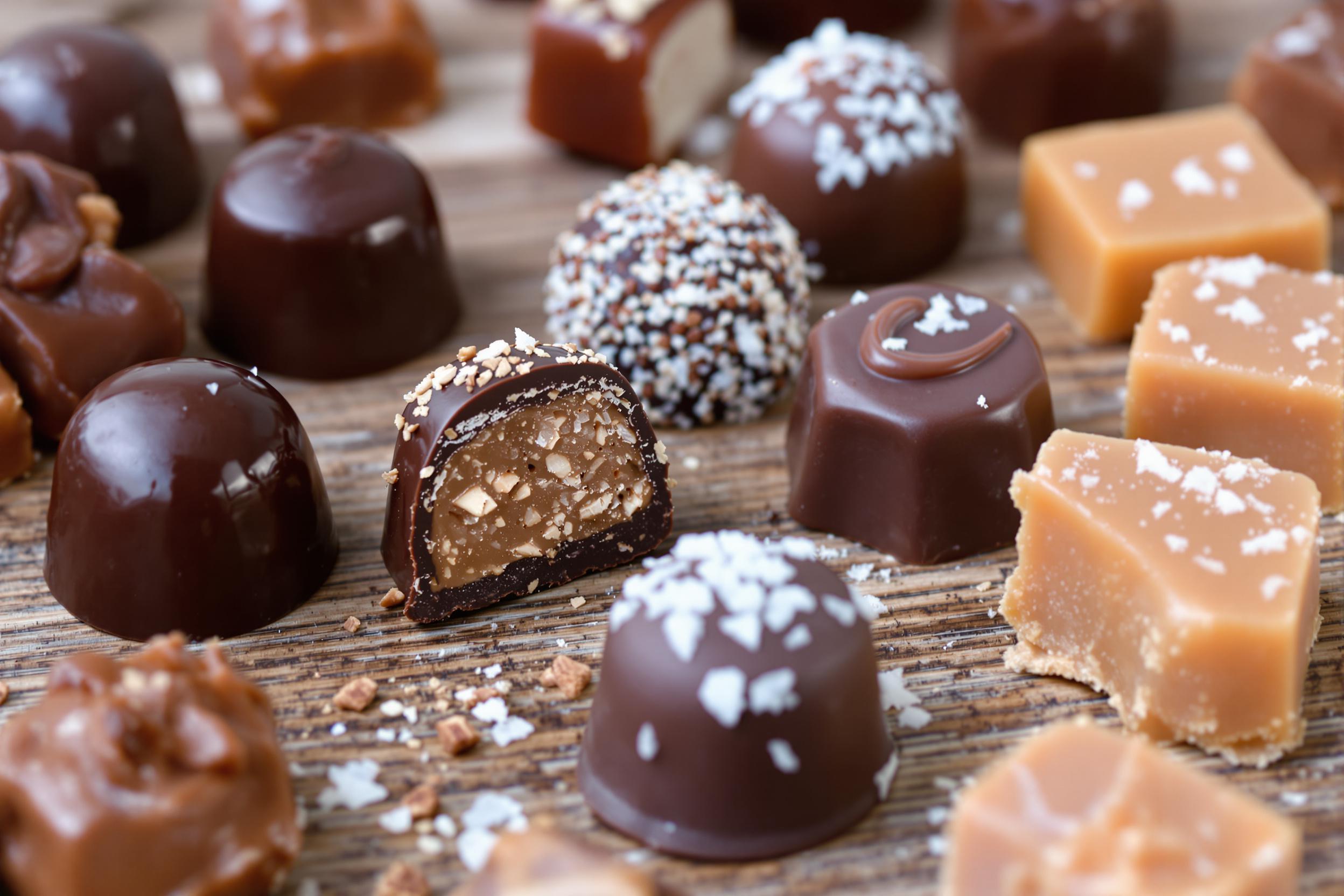 A beautifully arranged close-up features an assortment of artisan chocolates showcased on a rustic wooden table. Each piece is uniquely crafted, ranging from dark, glossy truffles to lighter caramels sprinkled with sea salt. The soft, diffused afternoon light captures the intricate details and textures, with subtle reflections enhancing their rich brown hues.