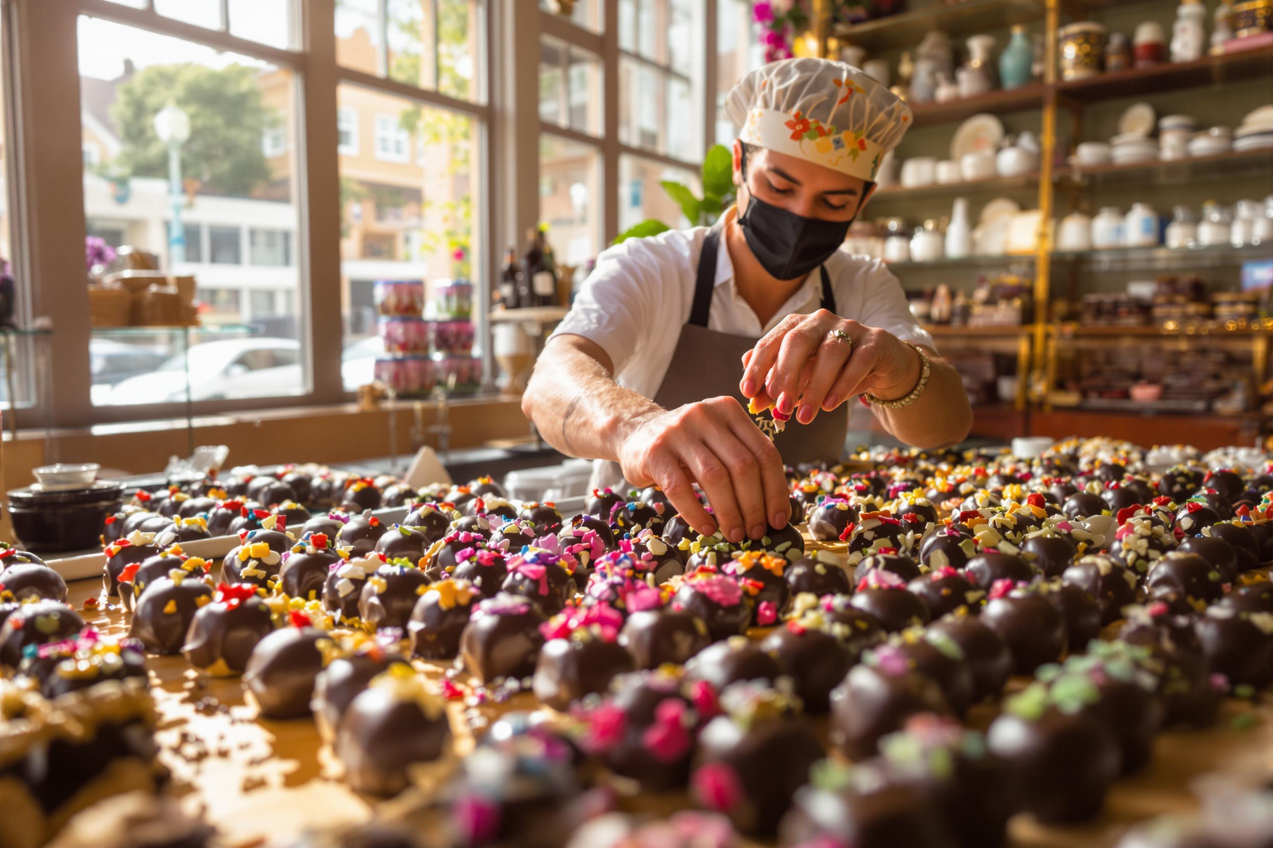 An artisan chocolatier meticulously assembles gourmet chocolates in a charming shop. The scene captures well-trained hands delicately placing vibrant toppings on glossy dark chocolate truffles. Sunlight streams through wide windows, illuminating the rich textures and colors of the confections. Shelves lined with various chocolate creations provide a warm backdrop.