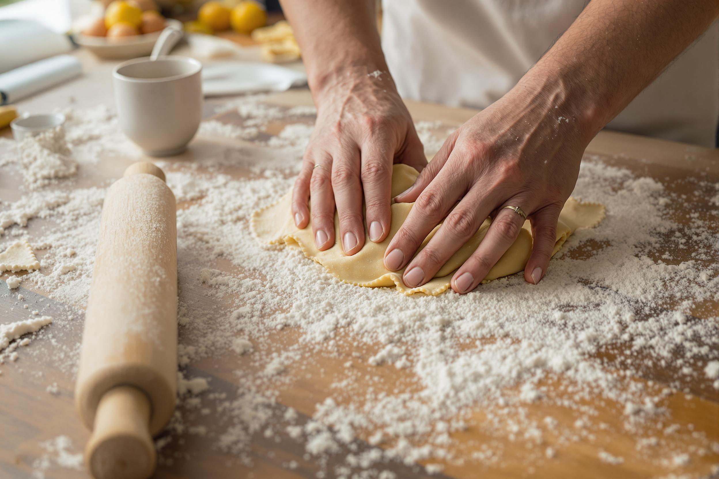 An artisan's hands skillfully knead fresh pasta dough on a wooden countertop, flour dust gently settling around. A rolling pin rests nearby, alongside precise measurements of flour and eggs waiting to be mixed. Soft morning light illuminates the scene, accentuating the texture of the dough and highlighting the craft of traditional pasta making.