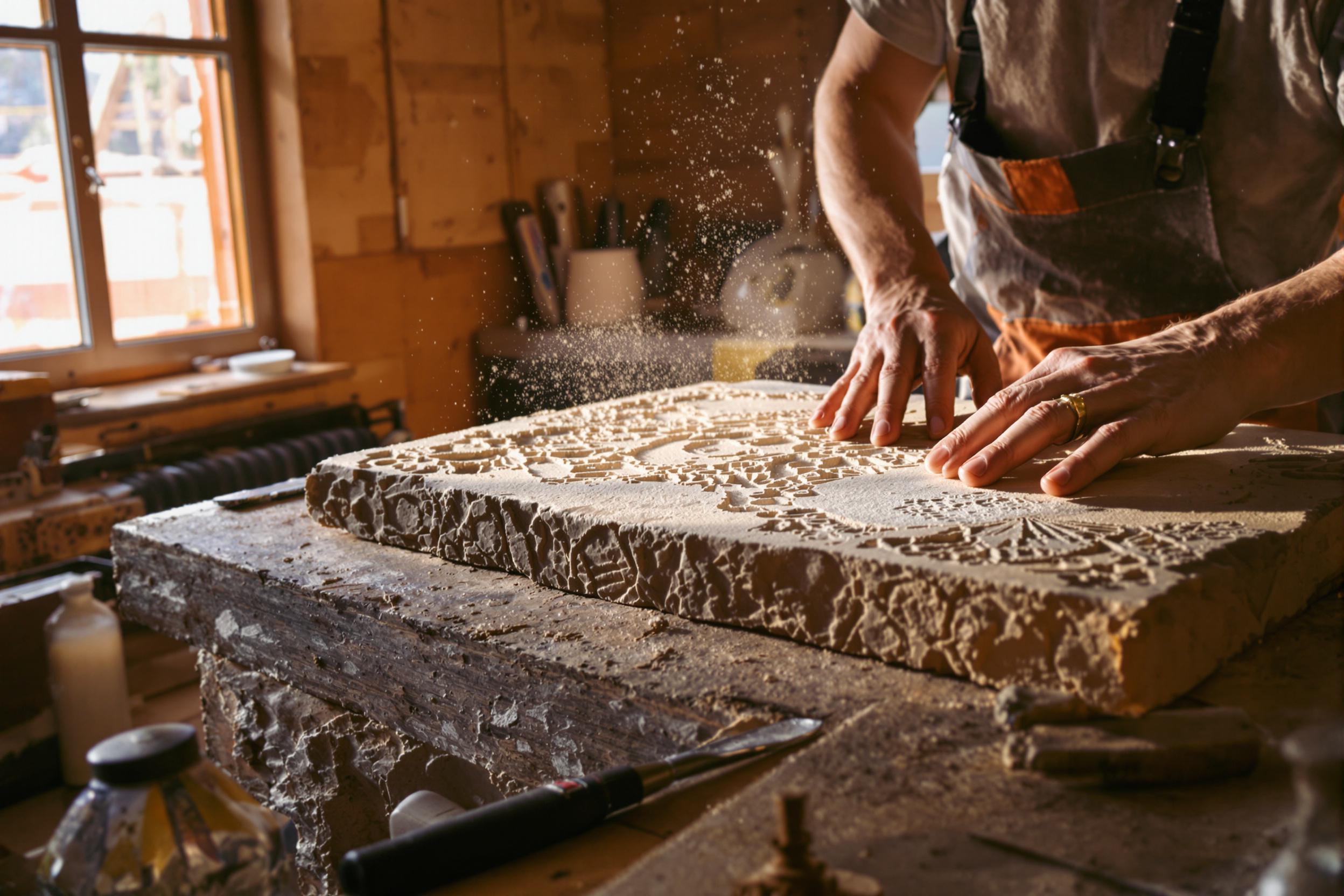 In a cozy artisan workshop, skilled hands meticulously carve intricate patterns into a warm stone slab. Tools scatter around a weathered wooden workbench, while soft morning light filters through a nearby window, enhancing the rugged texture of both the stone and the artisan’s tools. Dust particles dance in the gentle glow, illuminating the dedicated artistry within this intimate space.