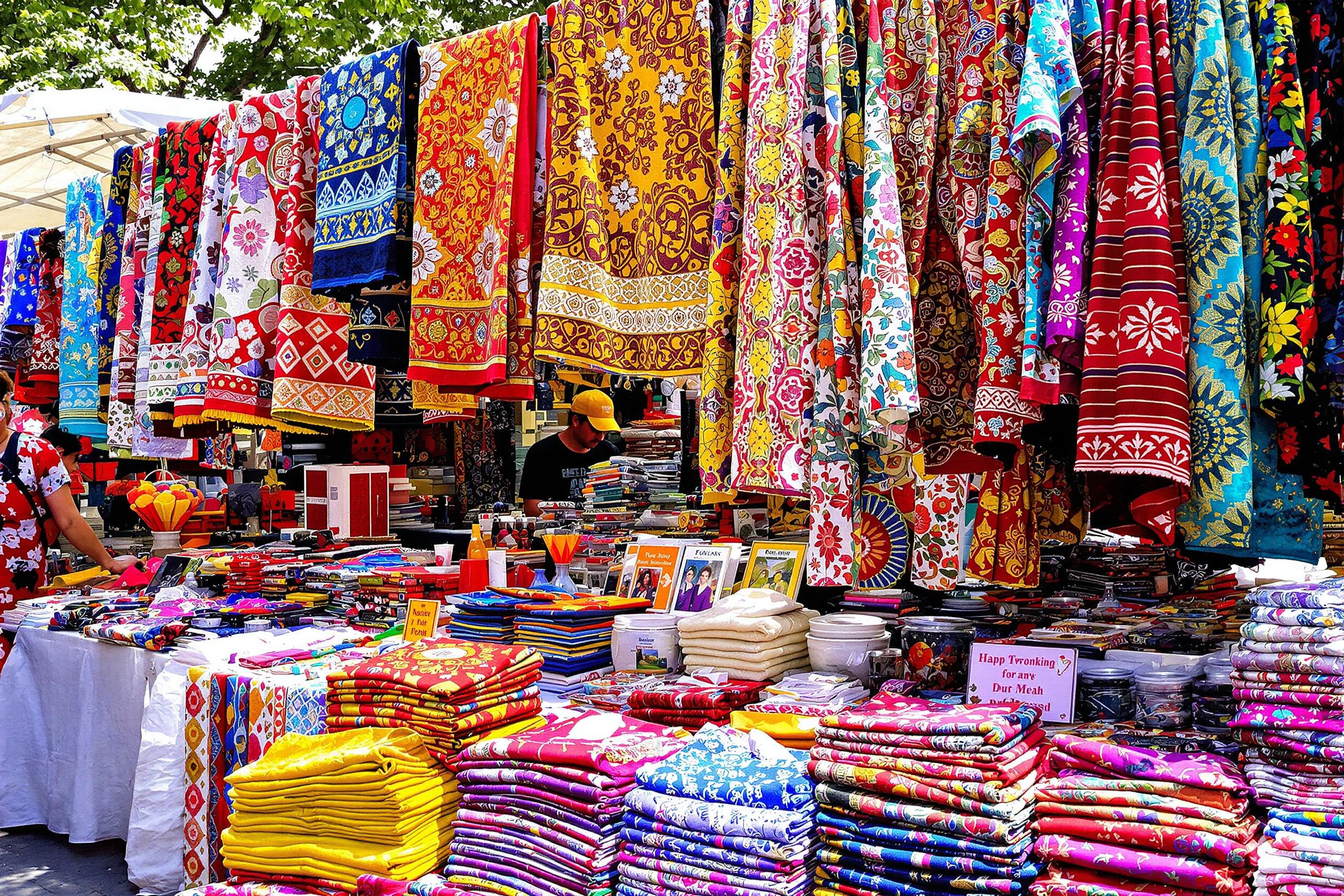 A vibrant artisan market stall displays a stunning array of handmade textiles. Brightly colored fabrics in intricate patterns cascade over the table, showcasing rich reds, blues, and yellows. Sunlight illuminates the textures, while shoppers examine the goods, creating a lively and inviting atmosphere.