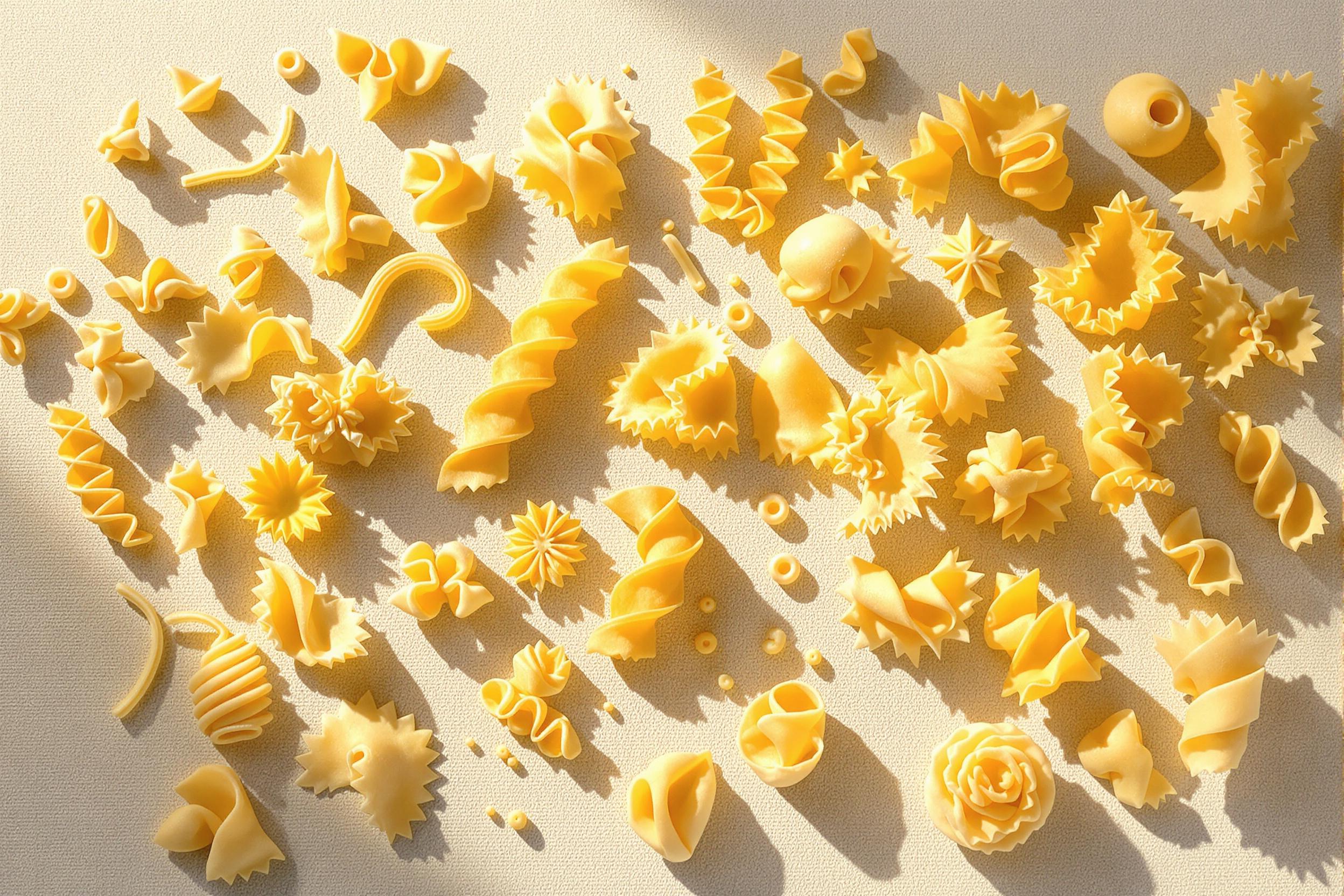 An artistic arrangement of various artisan pasta shapes sprawls elegantly across a soft, textured linen background. The sunlight softly illuminates the unique designs and surfaces of the pasta, from delicate farfalle to twisted fusilli, casting gentle shadows that enhance their forms. This culinary display celebrates craftsmanship and Italian tradition.