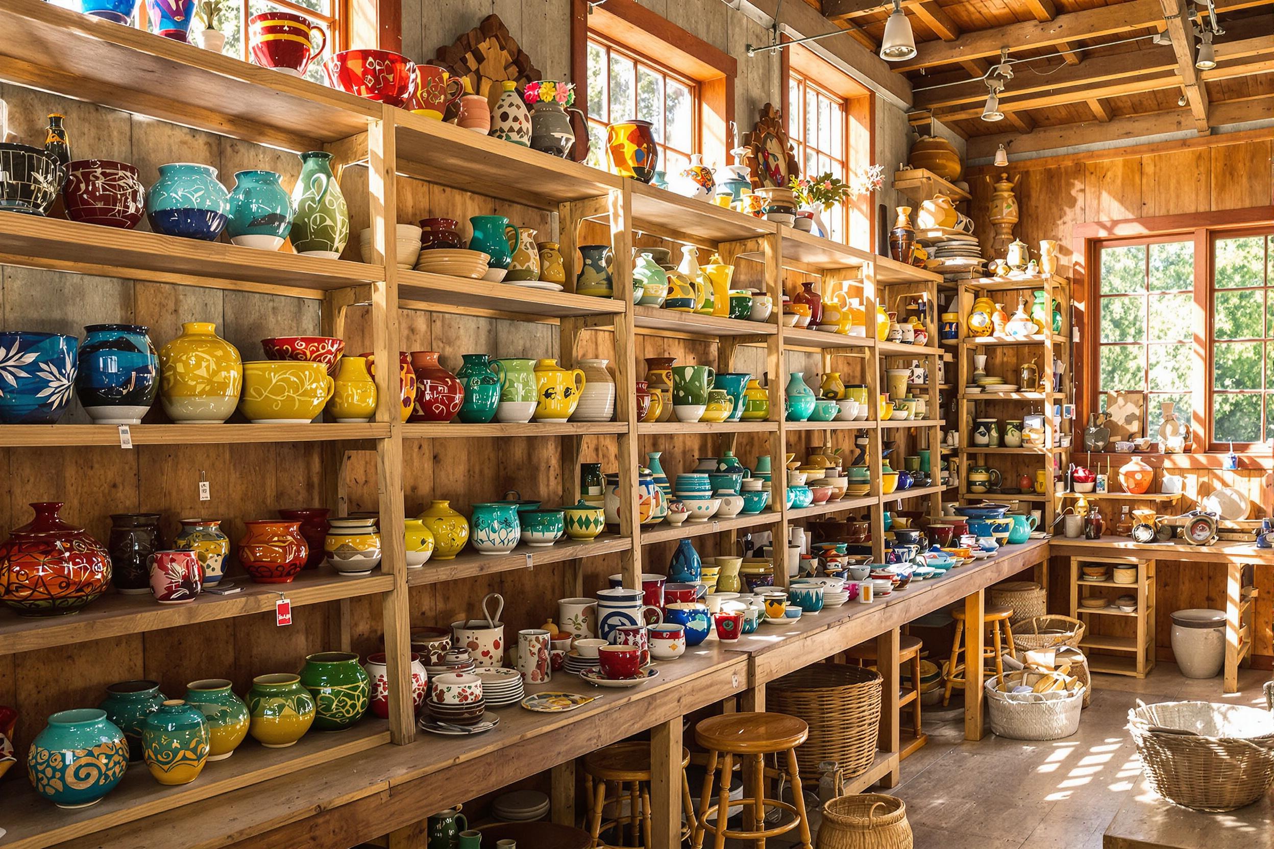 A sunlit artisan studio features wooden shelves lined with colorful pottery pieces of varying sizes and shapes. Rich hues of blues, greens, yellows, and reds create a vibrant display, while sunlight streaming through large windows enhances their glossy finishes. Delicate patterns adorn the surfaces, inviting appreciation for handcrafted artistry amidst the rustic setting.