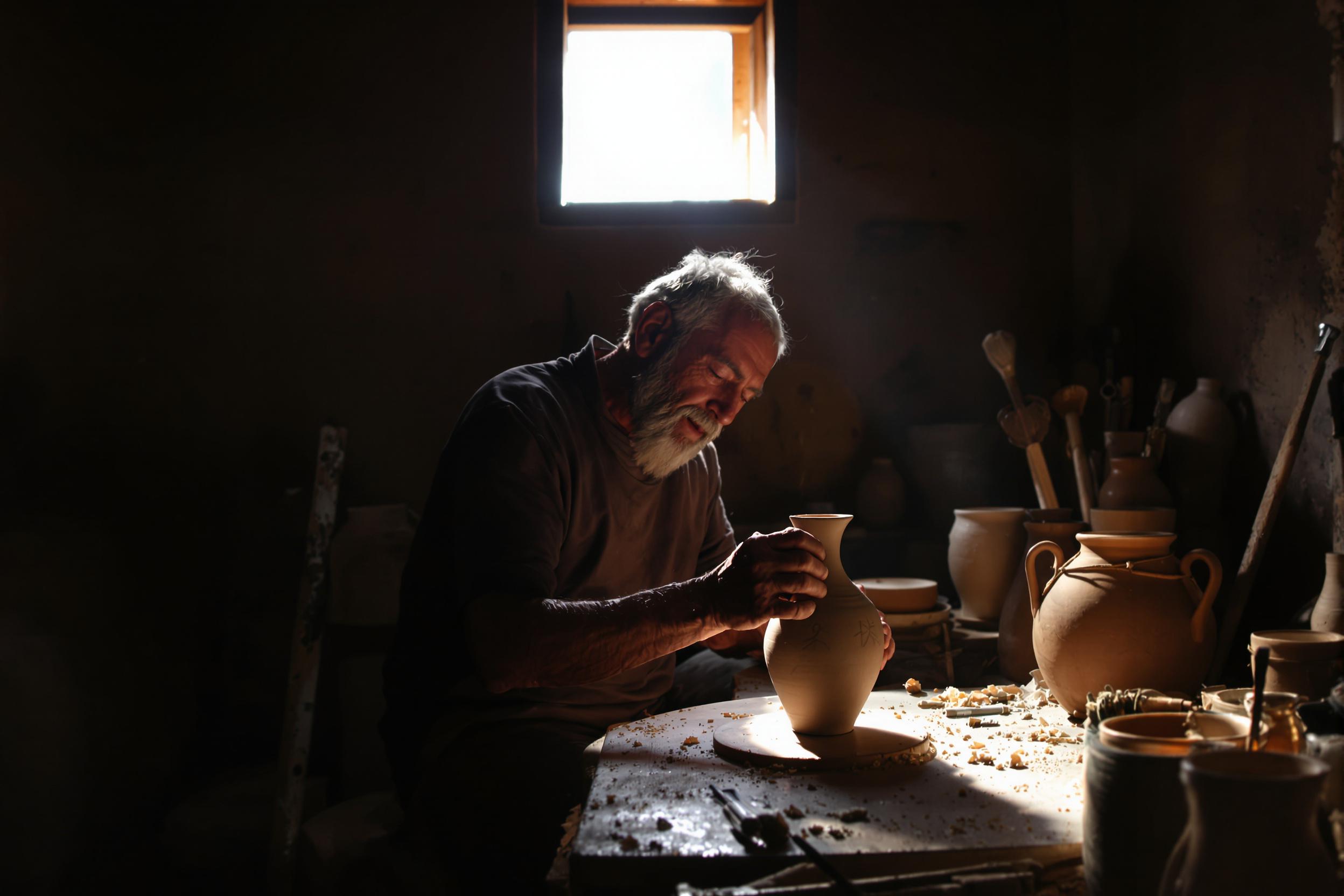 An elderly artisan focuses intently on sculpting clay in a dimly lit rustic workshop. His weathered hands shape a delicate vase, detailed with intricate engravings. Warm, diffused sunlight streams through a small wooden-framed window, illuminating his workspace dotted with hand tools, pots, and scattered clay shavings.