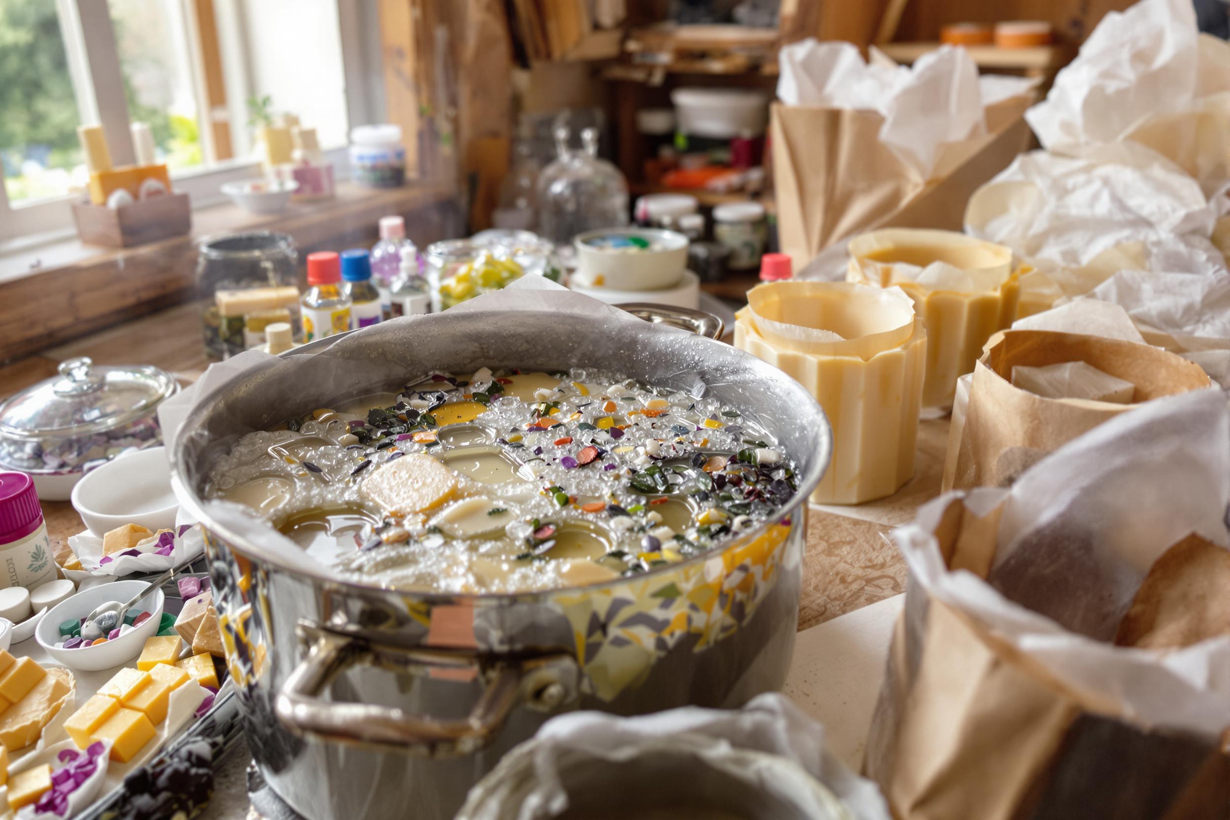 A close-up showcases the artisanal soap-making process in a charming workshop. Melted soap base bubbles gently in a pot, surrounded by vibrant essential oils and colorful additives. Wooden molds, lined with parchment paper, sit ready to be filled. Natural light filters through a nearby window, illuminating the creamy smooth texture of the soap mixture and casting soft shadows across the rustic workbench.