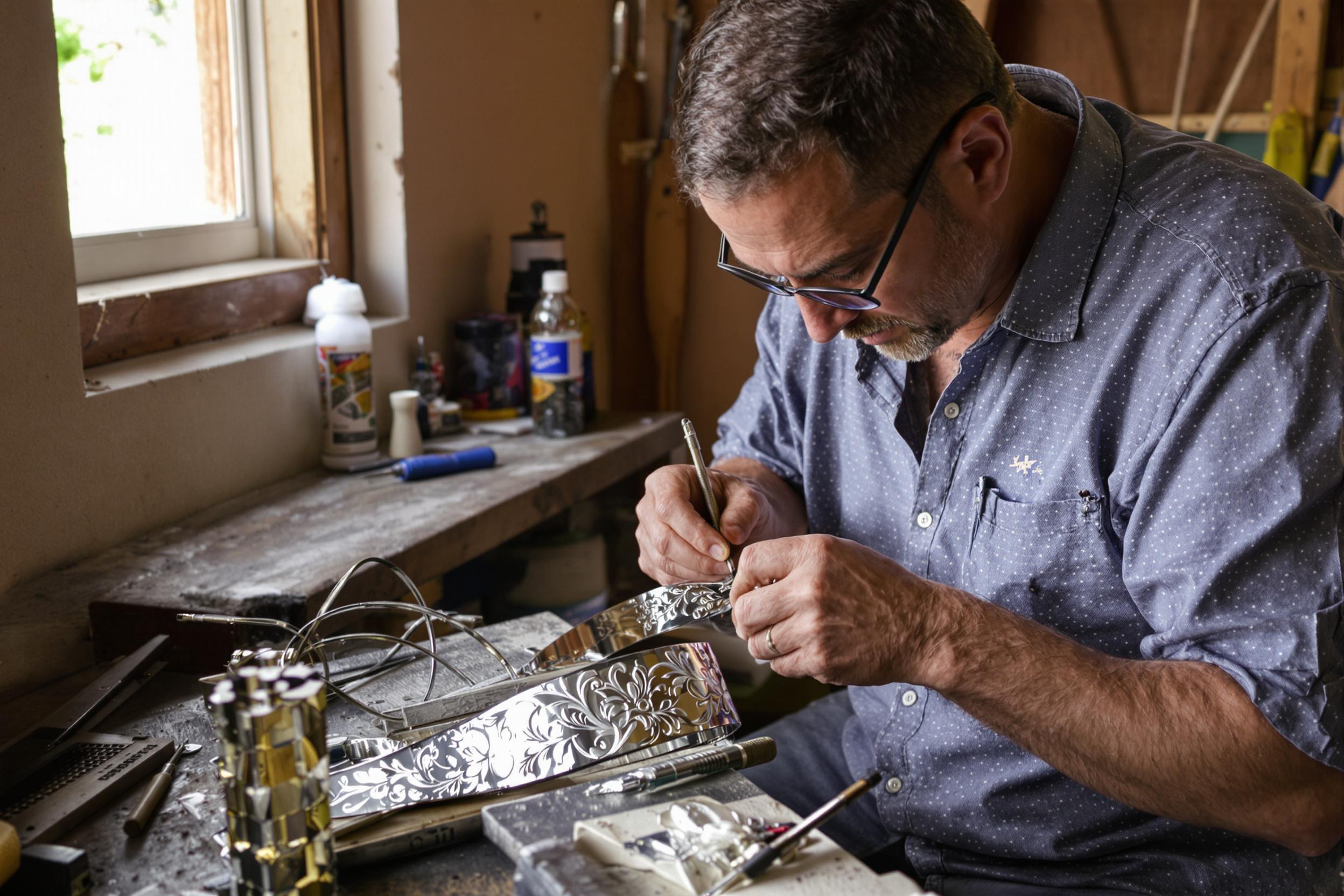 A master artisan skillfully engraves intricate floral patterns onto a gleaming silver bracelet in a cozy workshop. The textured metal captures specks of reflected light, while the tools are meticulously arranged on a wooden bench nearby. Diffuse natural sunlight streams through a small window, illuminating the craftsman's focused hands and delicate work.