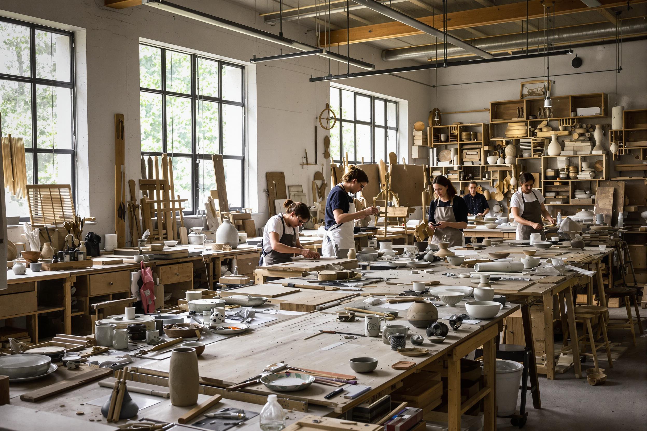 An artisan workshop buzzes with creativity as skilled craftspeople diligently shape wood, weave textiles, and mold ceramics. Large windows bathe the space in soft, diffused light, highlighting the rich textures of their materials. Tools are scattered artfully around, while finished pieces await attention on wooden tables. The air is filled with focused energy and collaboration.