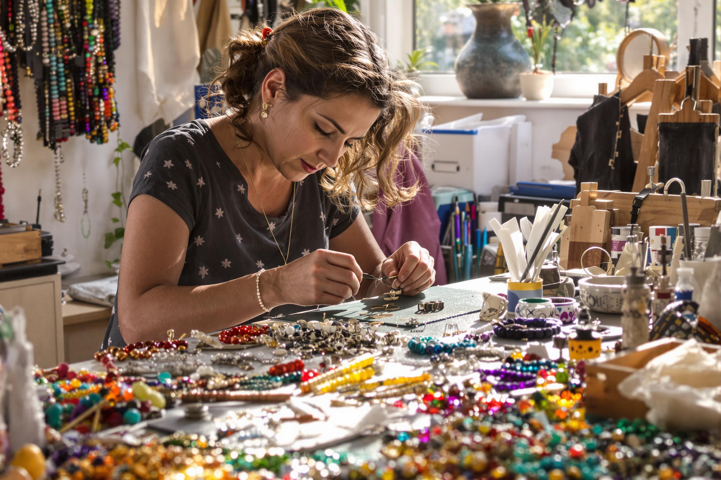 In a sunlit workshop, an artisan meticulously crafts handmade jewelry. Intricate tools are scattered around, alongside beautiful beads and wires, capturing vibrant color and texture. Her hands skillfully shape metal, with sunlight streaming through a window, illuminating delicate pieces in progress.