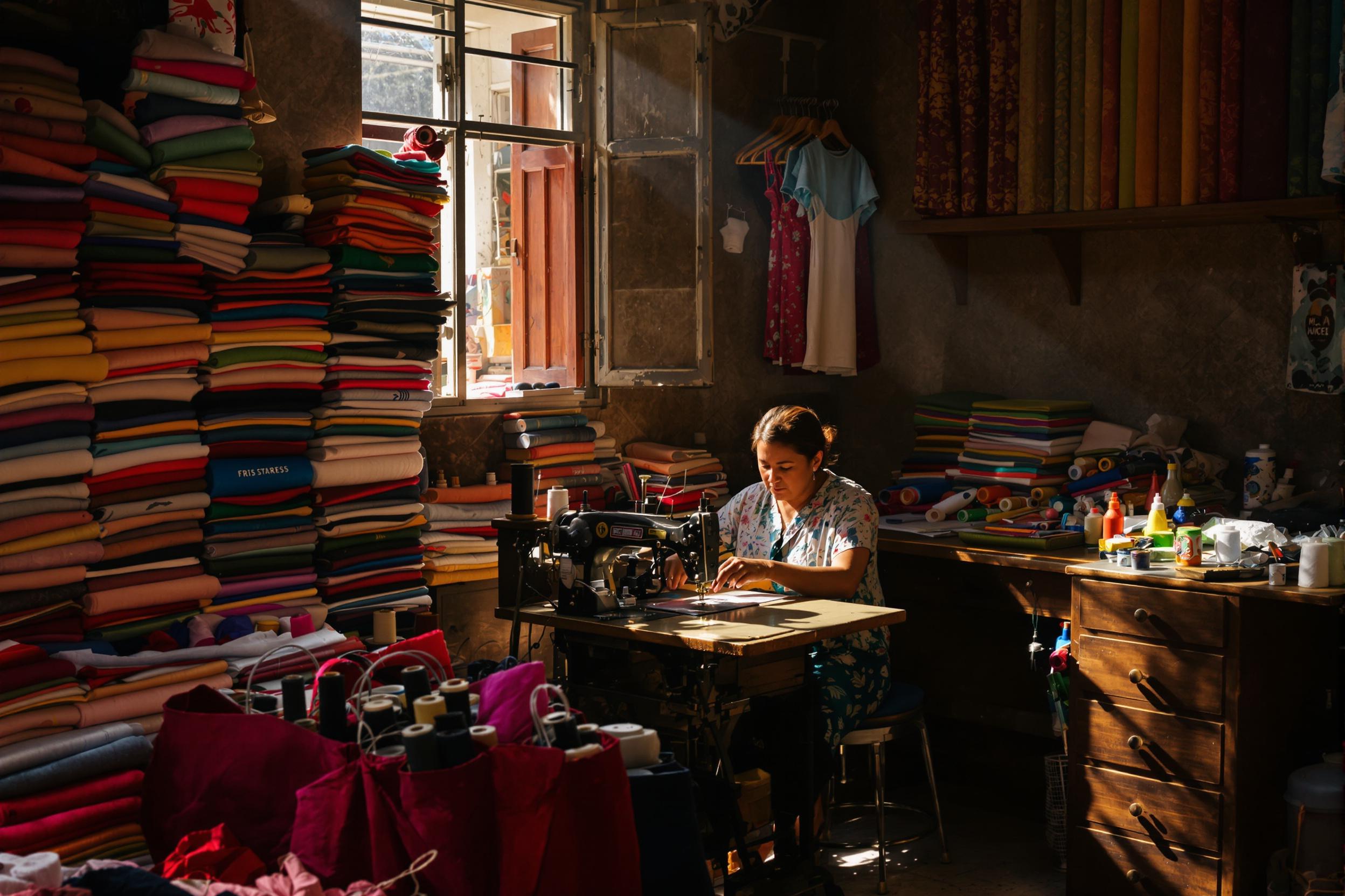 In a cozy, dimly-lit workshop, a traditional tailor is engrossed in sewing vibrant fabric on an old mechanical sewing machine. Surrounding them are shelves stacked high with colorful fabric rolls. Sunlight filters through a dusty window, casting soft golden rays across scattered spools of thread and wooden drawers filled with tools.