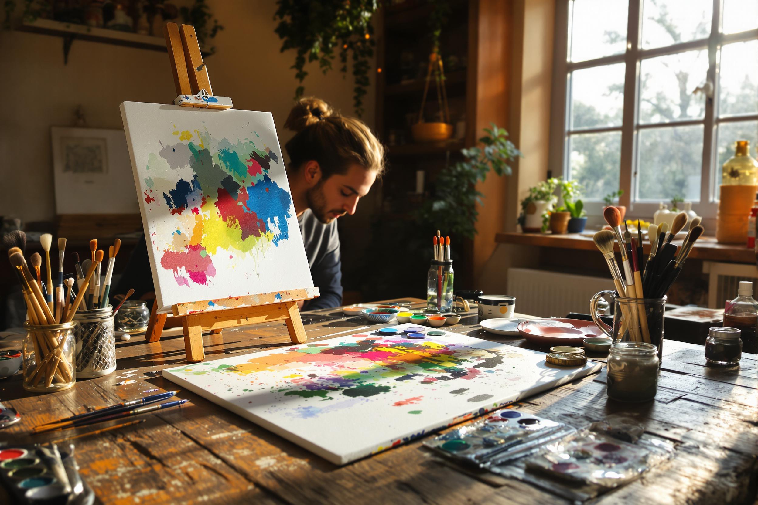 A talented artist is absorbed in their craft at a cozy home workspace. The late afternoon sunlight streams through a window, illuminating colorful paints scattered across a rustic wooden table. A partially completed canvas features vibrant strokes, while brushes and palettes are meticulously arranged nearby. The warm ambiance invites creativity.