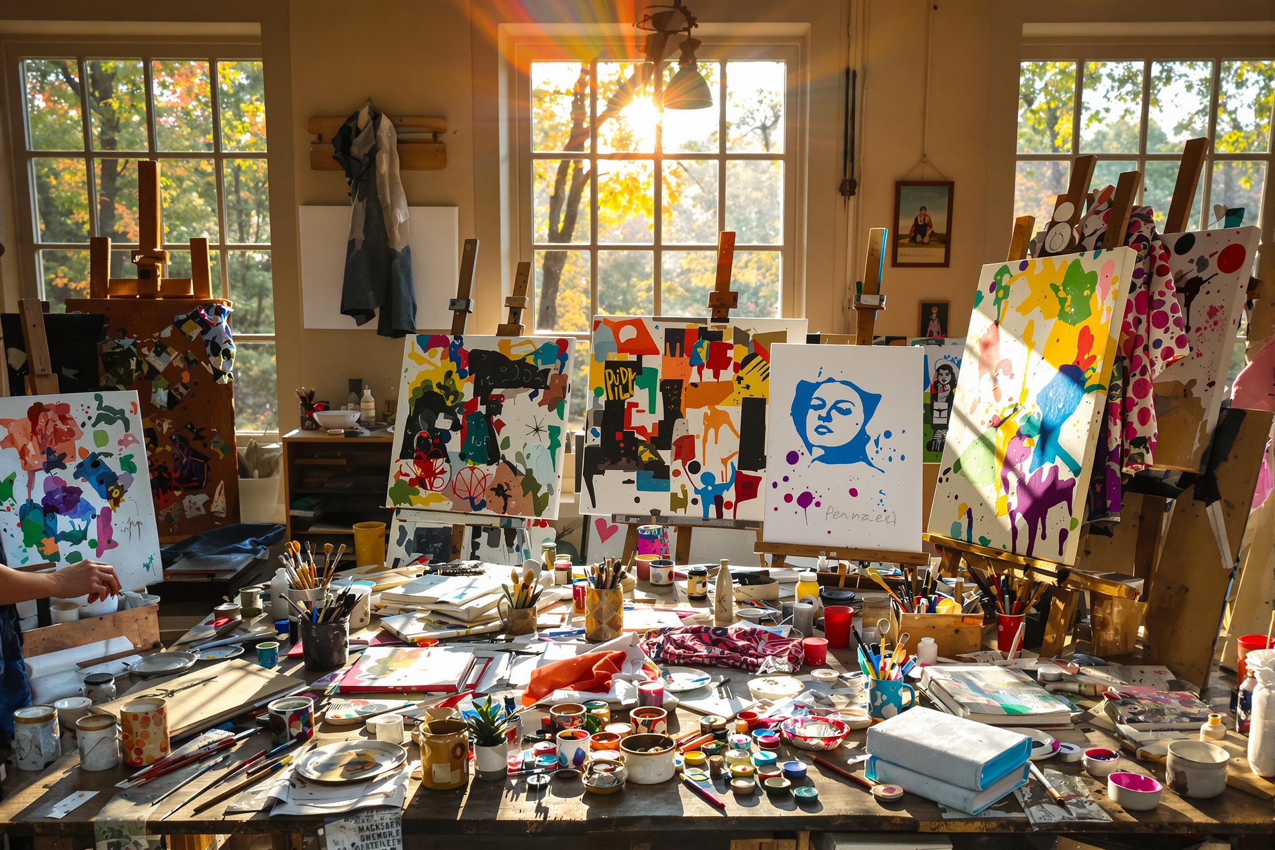 An eclectic artist's studio bursts with creativity as warm sunlight streams through large windows, illuminating scattered paintbrushes, pots of vibrant acrylics, and unfinished canvases propped against the walls. Various textiles and sketchbooks lie strewn across a rustic wooden table, while splashes of color from half-completed artworks infuse life into the space.