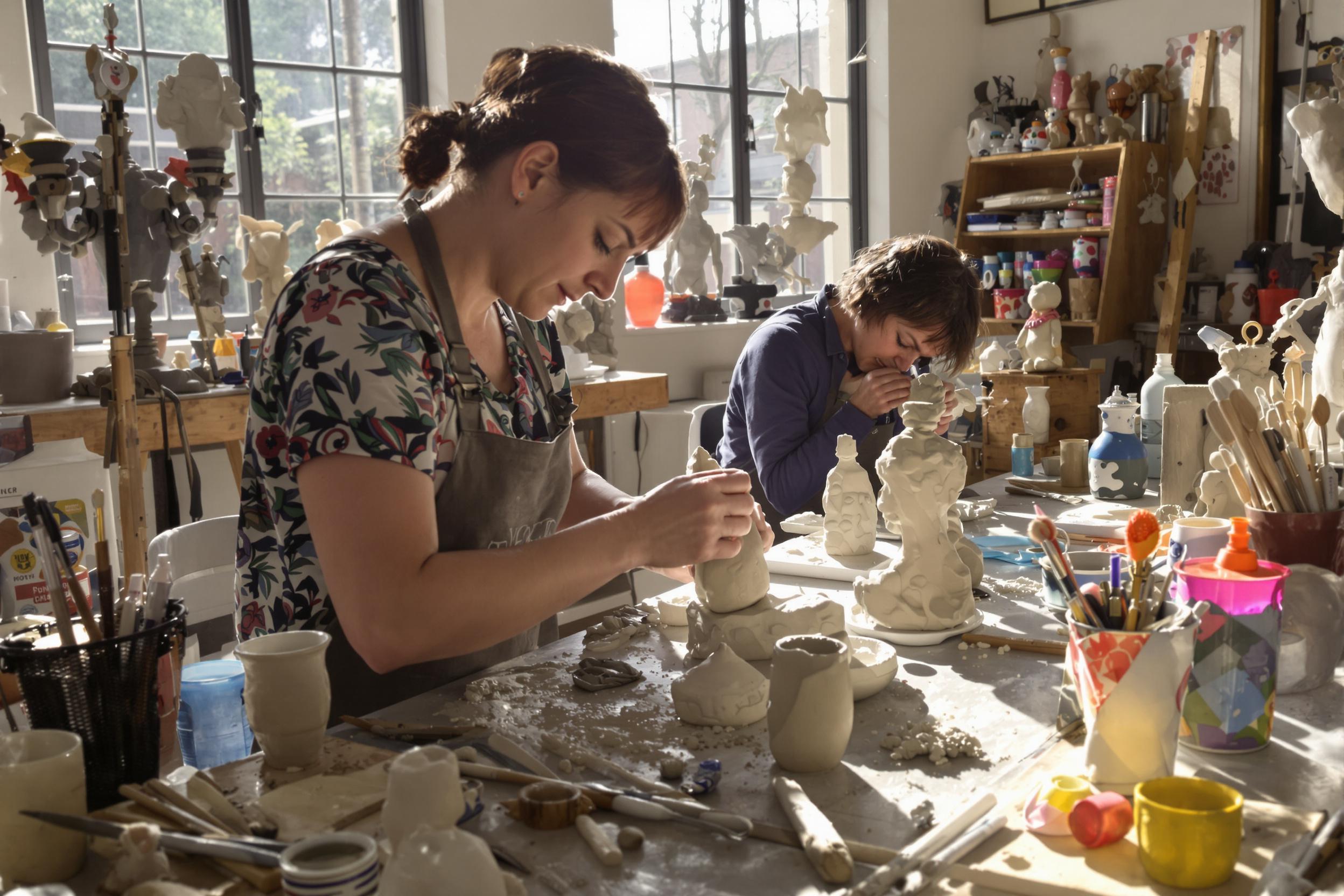 In a bright studio, artists immerse themselves in their craft, shaping soft clay into unique sculptures. Sunlight streams through large windows, casting soft shadows across the workspace. Tools and colorful creations surround them, showcasing intricate details and varied textures. Hands expertly manipulate the material, each gesture reflecting creativity and passion.