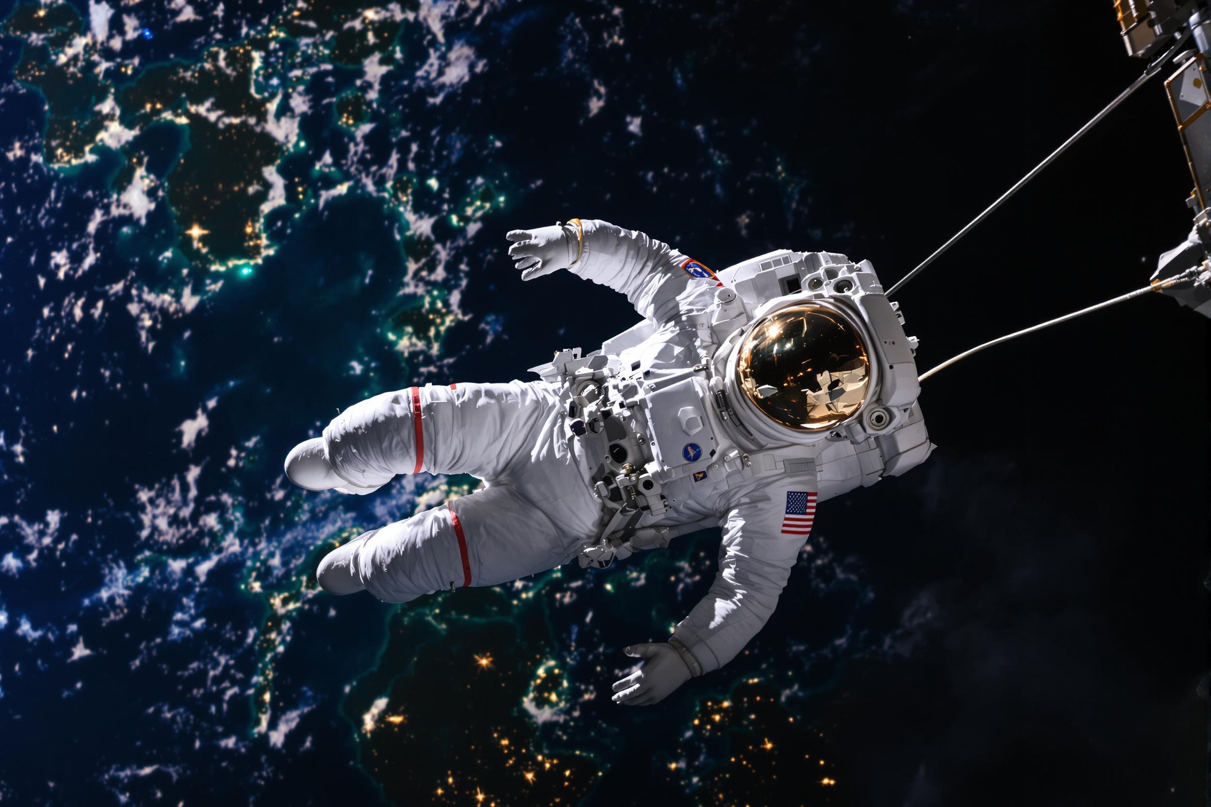 An astronaut floats gracefully in the vastness of space, tethered to their spacecraft. The gleaming blue and green of Earth serves as a backdrop, its atmosphere shimmering against the black void. The astronaut's white spacesuit contrasts sharply with the colors of our planet, while the bright sunlight illuminates the helmet, reflecting the beauty of the universe around them.