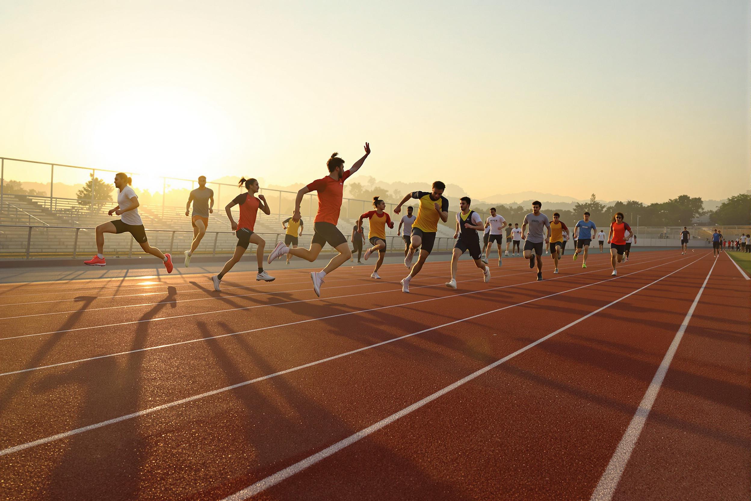 A dynamic scene unfolds at a running track during sunrise as a team of athletes train together. The soft, golden sunlight bathes the scene, casting elongated shadows across the track lanes. Athletes in colorful gear sprint, leap, and encourage each other, embodying determination and teamwork while the hazy horizon glows behind them.