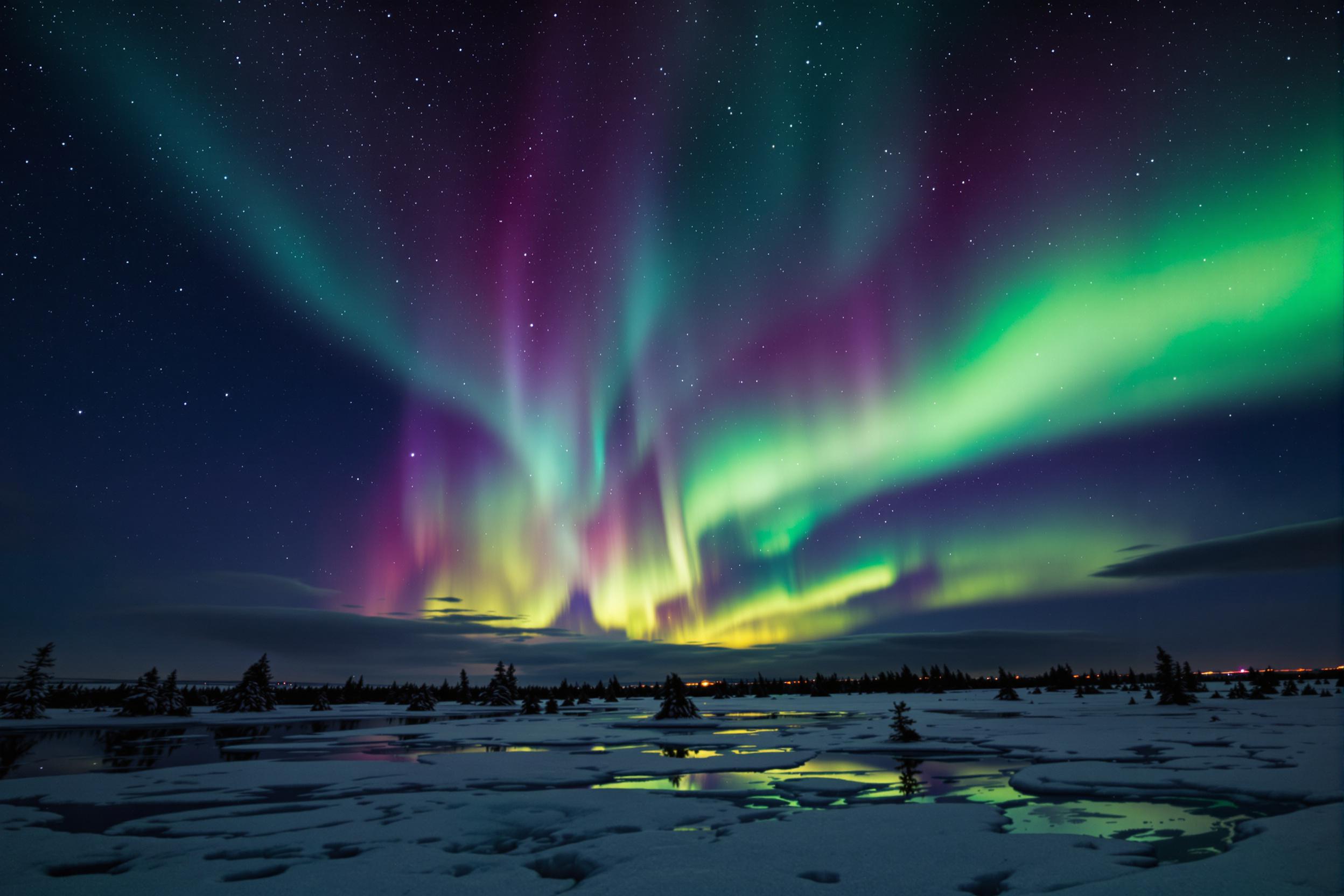 A magical display of the aurora borealis lights up a frozen tundra, casting glowing green, pink, and purple arcs across a dark Arctic sky. The icy landscape below mirrors faint reflections, while scattered evergreen trees form silhouetted shapes. Crisp air enhances visibility of the constellations above.