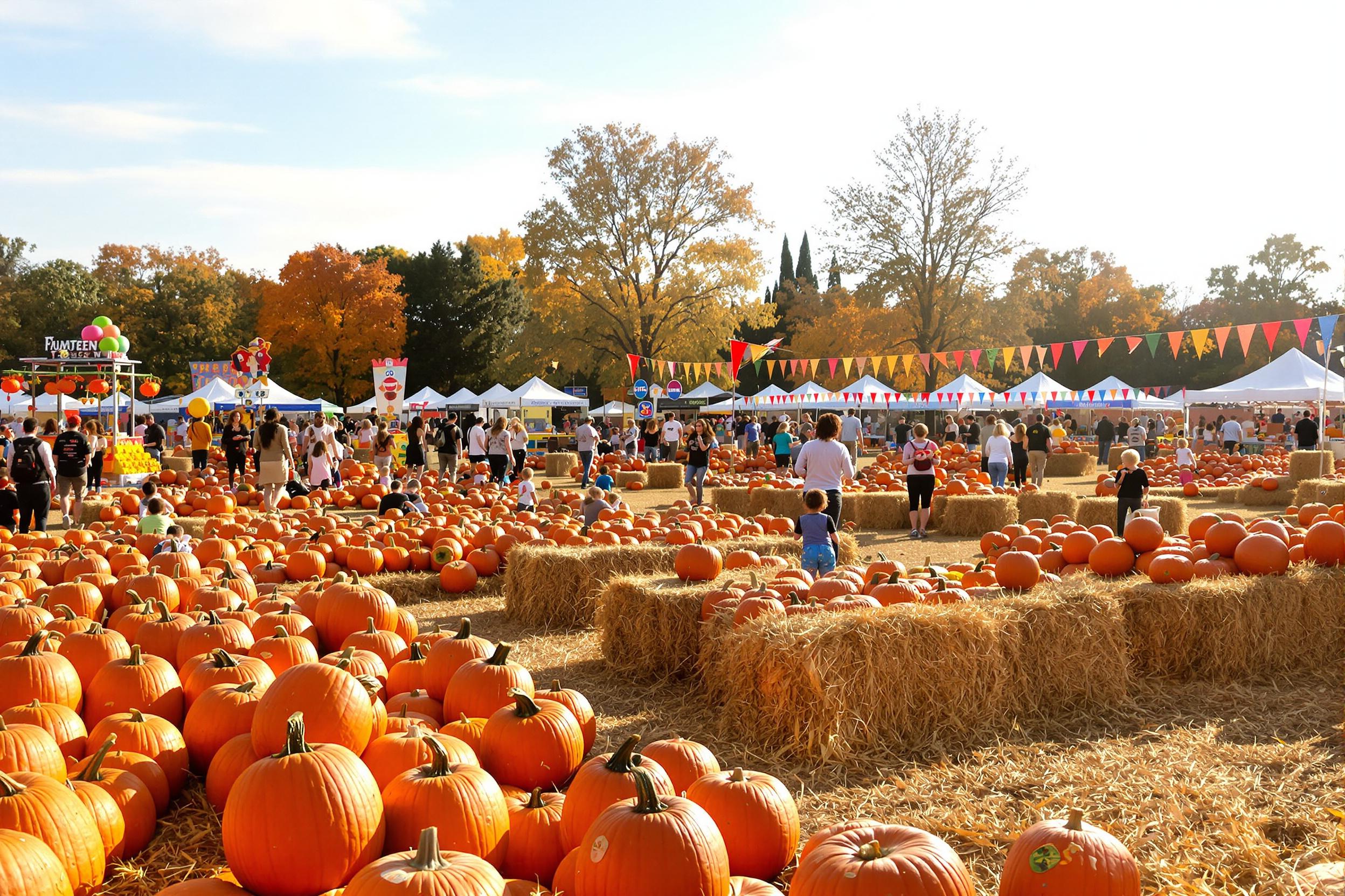 A lively autumn festival unfolds across an open field, filled with people enjoying various attractions. Bright orange pumpkins dot the landscape, surrounded by colorful hay bales and festive decorations. Children play games while families sample seasonal treats. The warm afternoon sunlight casts a golden hue over the scene, enhancing the cheerful atmosphere.