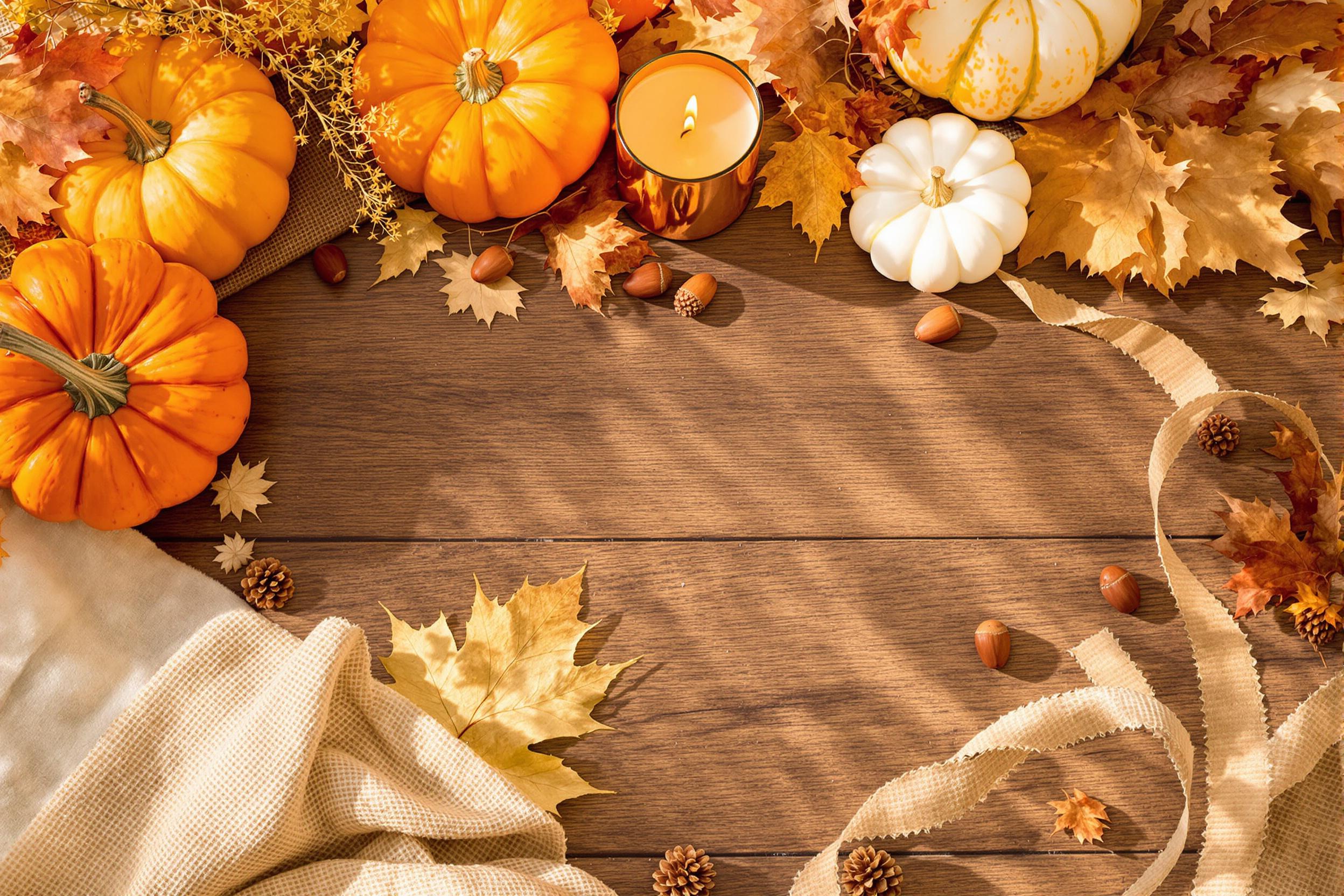 An inviting autumn-themed flat lay spreads across a rustic wooden tabletop. Lush orange and white pumpkins sit alongside clusters of dried leaves and acorns, creating a seasonal harmony. Textured burlap fabric peeks out beneath a copper-colored candle, while soft, warm sunlight enhances the earthy hues and details. Tiny pinecones add a touch of nature, inviting warmth and comfort.