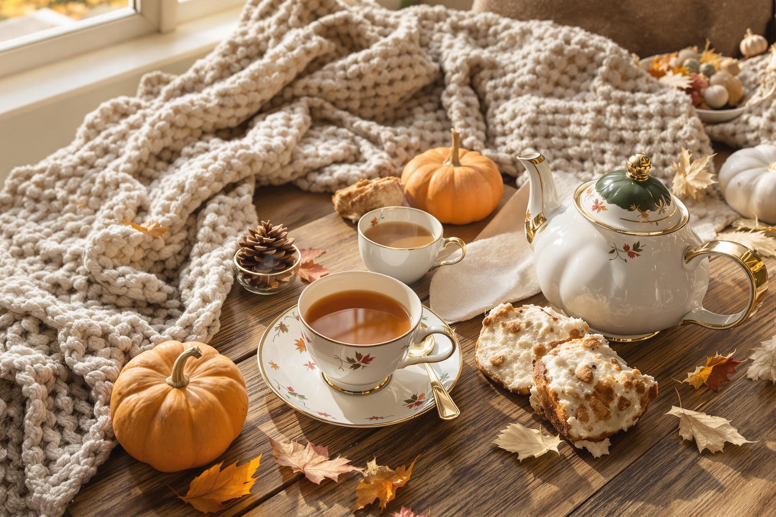 A cozy autumn-themed tea setup rests on a rustic wooden table, adorned with a plush knitted blanket. Delicate porcelain cups filled with steaming tea sit beside freshly baked pastries topped with autumnal spices. Nearby, small pumpkins and scattered dried leaves add seasonal charm, while soft golden light filters through the window, casting gentle shadows and enhancing the inviting ambiance.