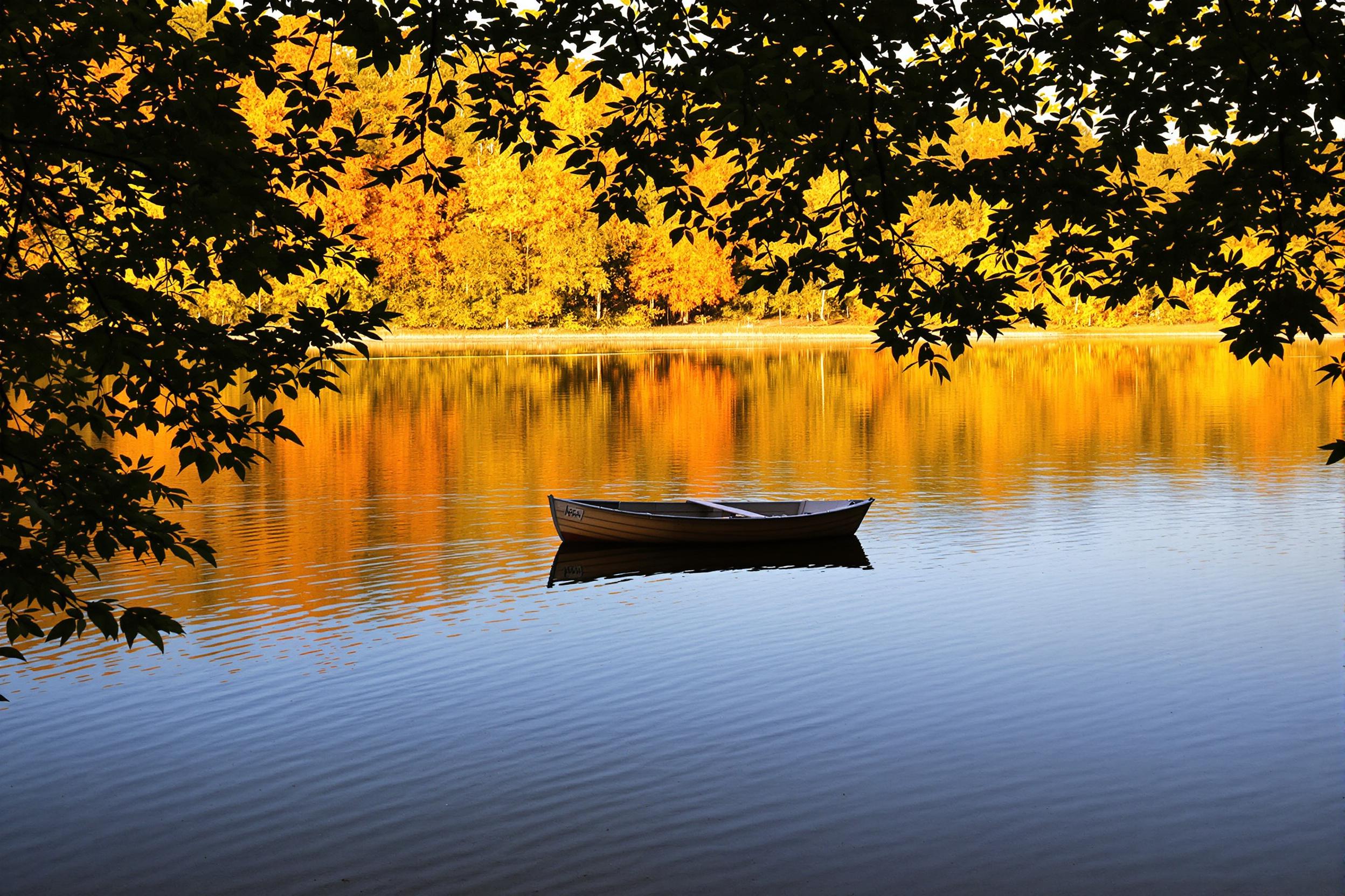 A solitary wooden rowboat floats atop a mirror-like lake surrounded by vibrant autumn foliage. The water reflects golden-yellow and fiery-orange trees under the warm, late afternoon sunlight. Gentle ripples add a touch of motion to the otherwise tranquil scene. Shadows of overhanging branches frame the foreground, enhancing depth and serenity.