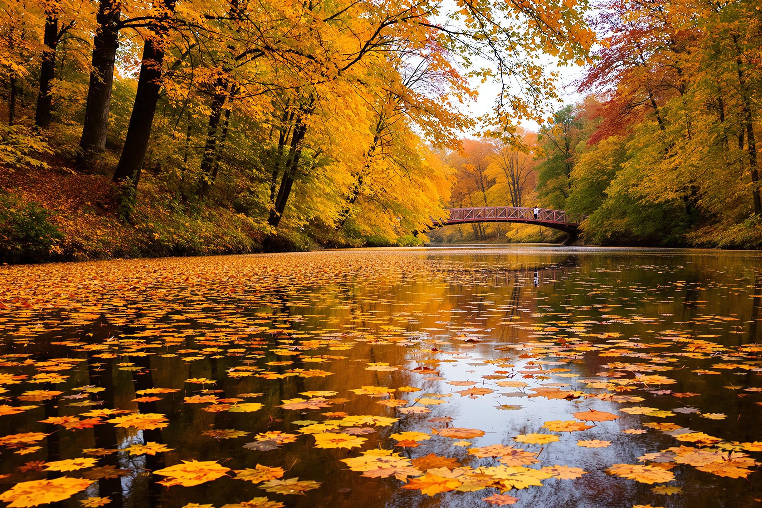 A tranquil riverside scene captures the essence of autumn. Vibrant orange and yellow leaves float gently on the surface of the calm water, reflecting the warm hues of early morning light. Towering trees encircle the riverbank, their branches showcasing a mix of rich fall colors. In the distance, a footbridge spans the river, inviting leisurely walks amidst nature’s beauty.