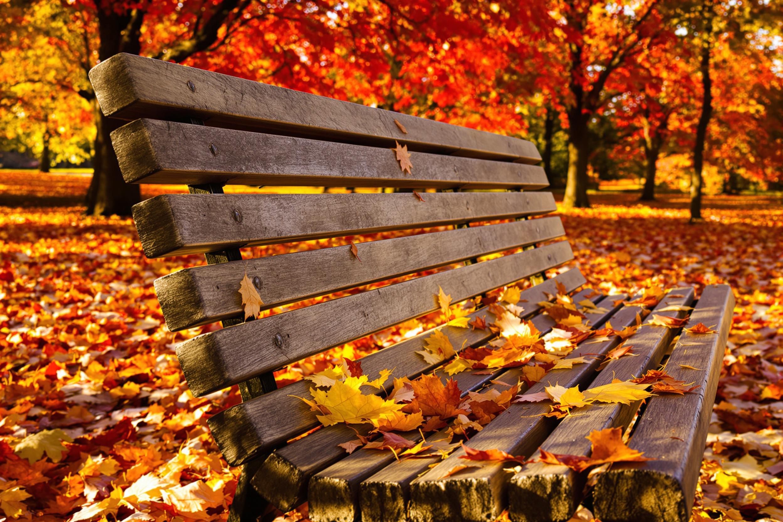 A weathered park bench sits amidst an array of vibrant fallen autumn leaves, bathed in the golden hues of late afternoon sunlight. The wooden slats show subtle cracks from years of use, while the backdrop includes softly blurred trees, bursting with red and orange foliage, enhanced by gentle shadows. This captures the fleeting beauty of seasonal change.