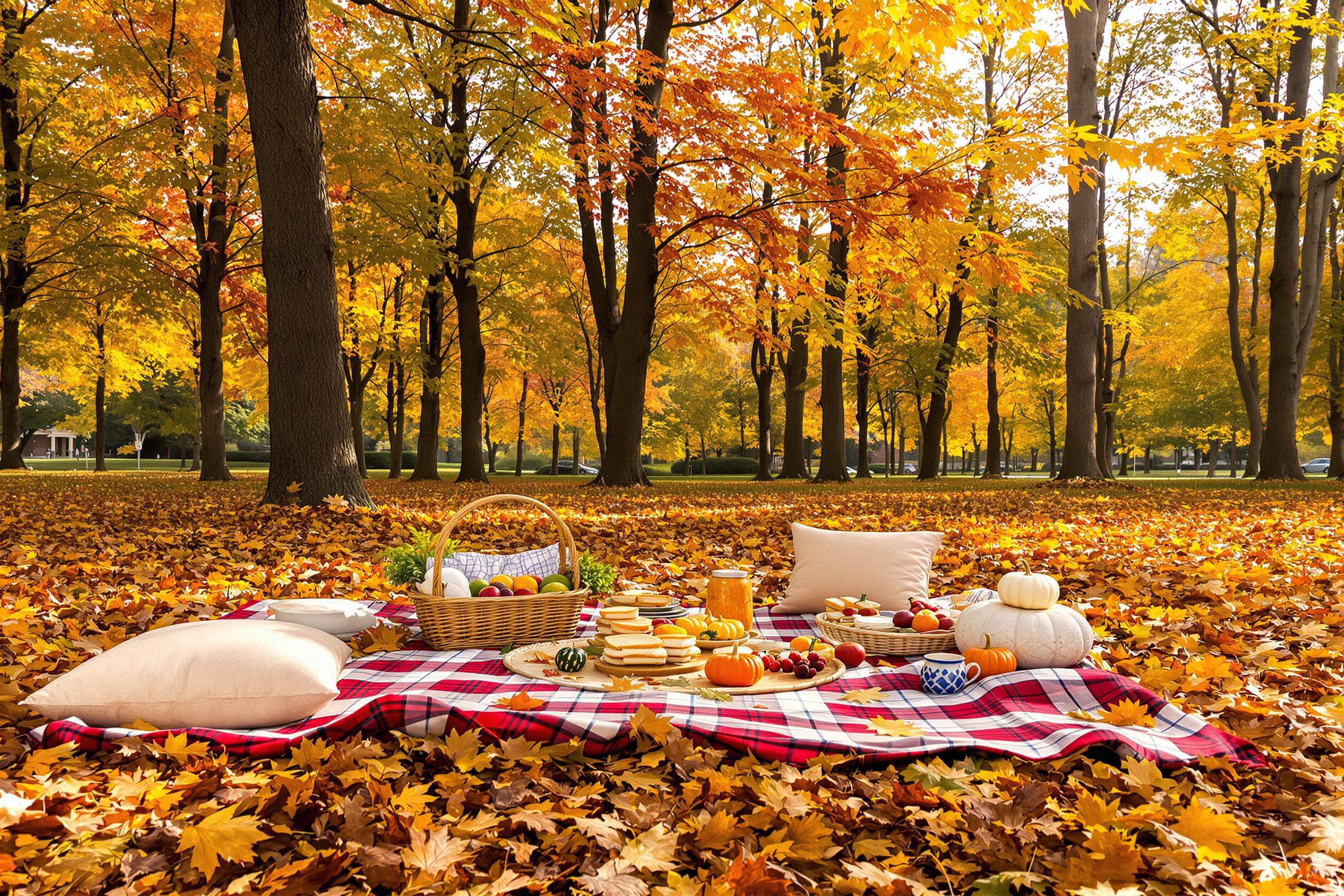 A charming autumn picnic setup unfolds in an urban park as golden sunlight filters through vibrant foliage. A large plaid blanket is spread across a bed of fallen leaves, adorned with wicker baskets filled with seasonal fruits and sandwiches. Cozy cushions rest at the corners, while decorative pumpkins add a festive touch. Tall trees frame the scene, their leaves displaying hues of orange, red, and yellow, creating an inviting outdoor feast.