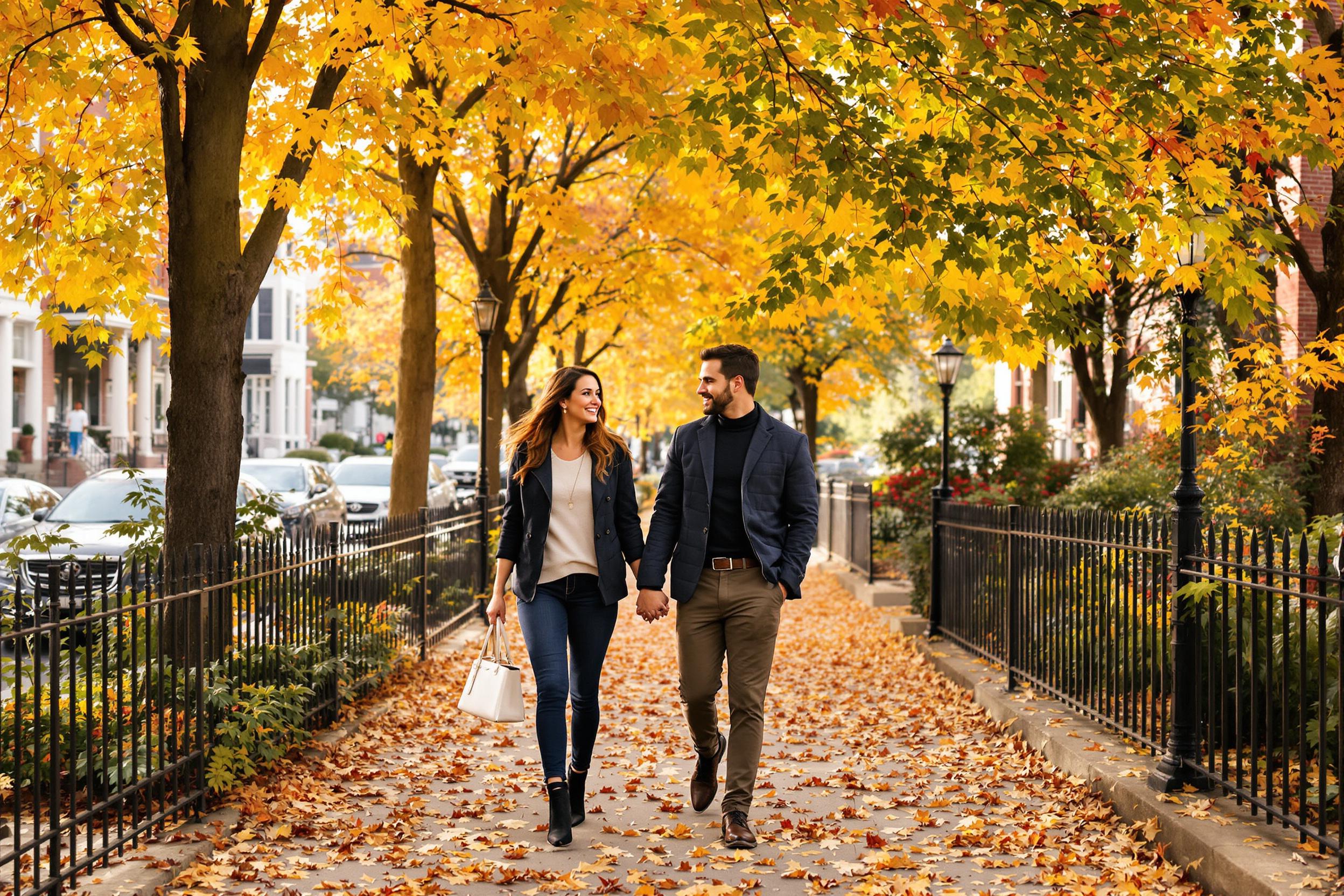 A fashionable couple strolls hand-in-hand down an urban street carpeted with vibrant autumn leaves. The warm glow of the evening sun filters through the trees, casting dappled shadows on the sidewalk. Both are dressed in stylish outfits that complement the rich colors of fall. Their relaxed expressions reflect contentment as they navigate the picturesque setting.