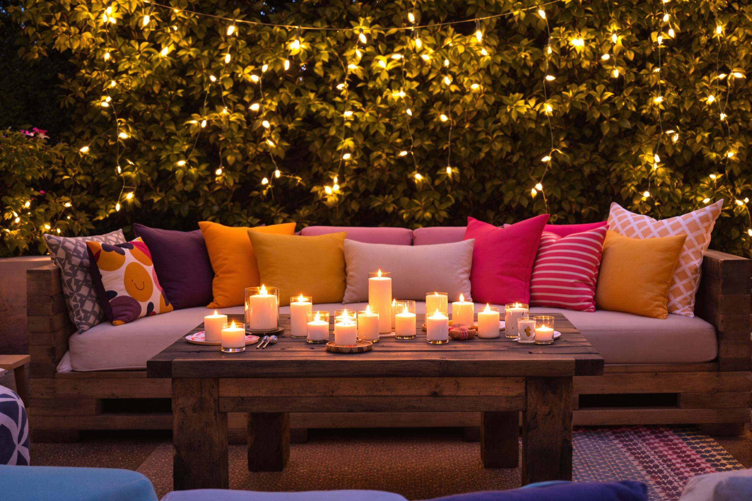 A cozy backyard is beautifully illuminated with warm fairy lights strung overhead. A rustic wooden table holds an assortment of candles flickering gently in the twilight. Surrounding the table are cushioned seating areas adorned with colorful throw pillows, inviting relaxation. Lush greenery forms a tranquil backdrop, enhancing the intimate atmosphere.