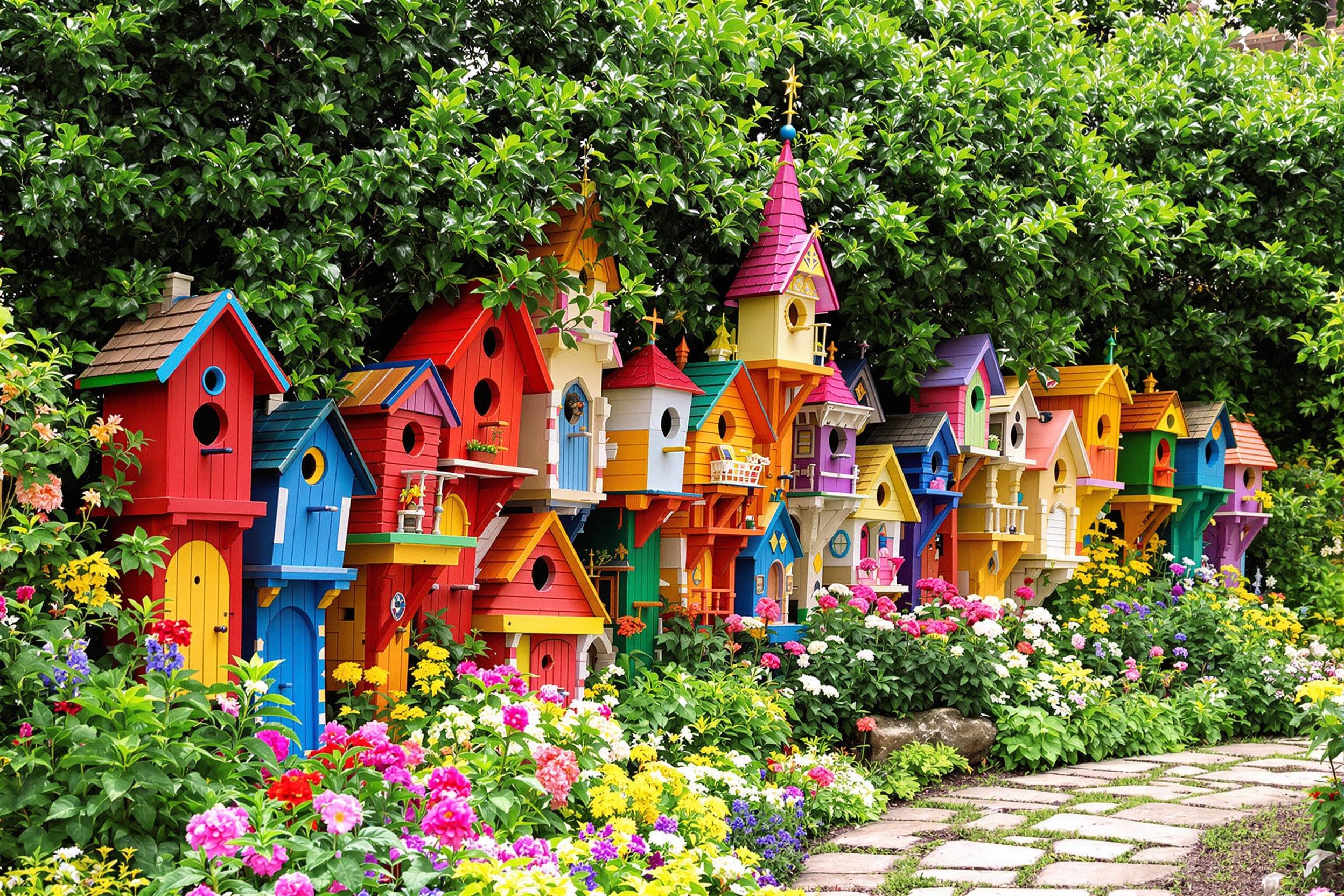 A vibrant backyard scene features an eclectic array of colorful birdhouses nestled among lush greenery. Each birdhouse boasts unique designs and vivid hues, from bright reds to sunny yellows, creating a cheerful atmosphere. Garden flowers bloom nearby, enhancing the rich color palette, while a winding stone path invites exploration through this enchanting outdoor space.