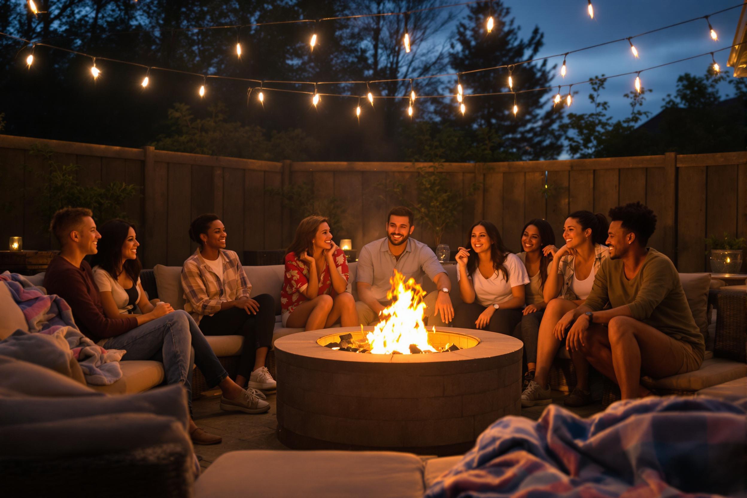 A group of friends gathers around a glowing fire pit in a cozy backyard as dusk falls. The flickering flames cast a warm light on their smiling faces, revealing diverse ethnicities engaged in lively conversation. Rustic seating surrounds the pit, and softly lit string lights hang above, enhancing the inviting atmosphere. A scattering of blankets nearby adds to the comfort of this intimate gathering.