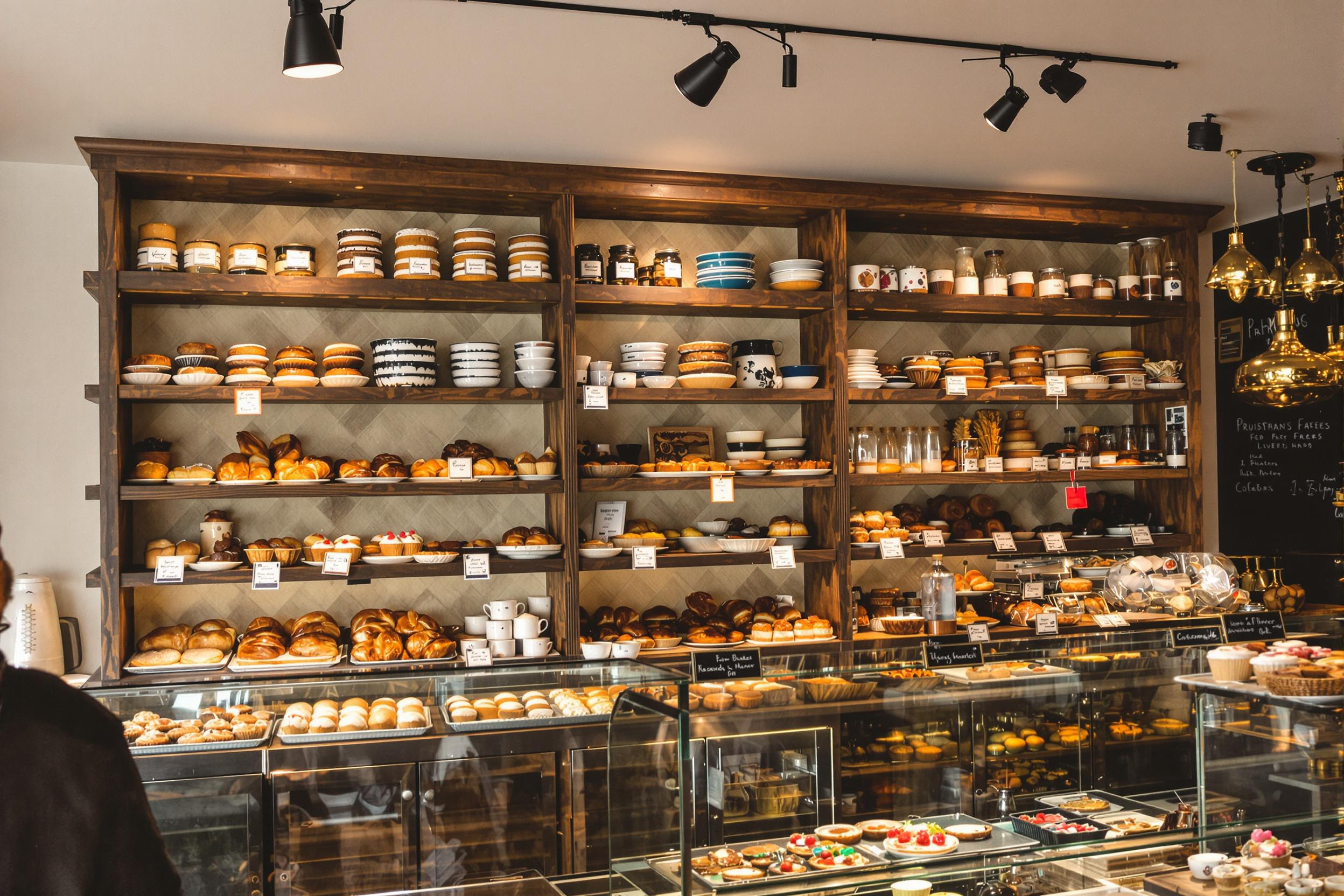 Inside a cozy bakery, rustic wooden shelves are lined with an array of freshly baked pastries. Golden-brown croissants, fluffy muffins, and delicate tarts gleam under the warm glow of overhead lights. The aroma of baked goods fills the air, while nearby, customers admire the tempting treats, creating an inviting morning atmosphere.