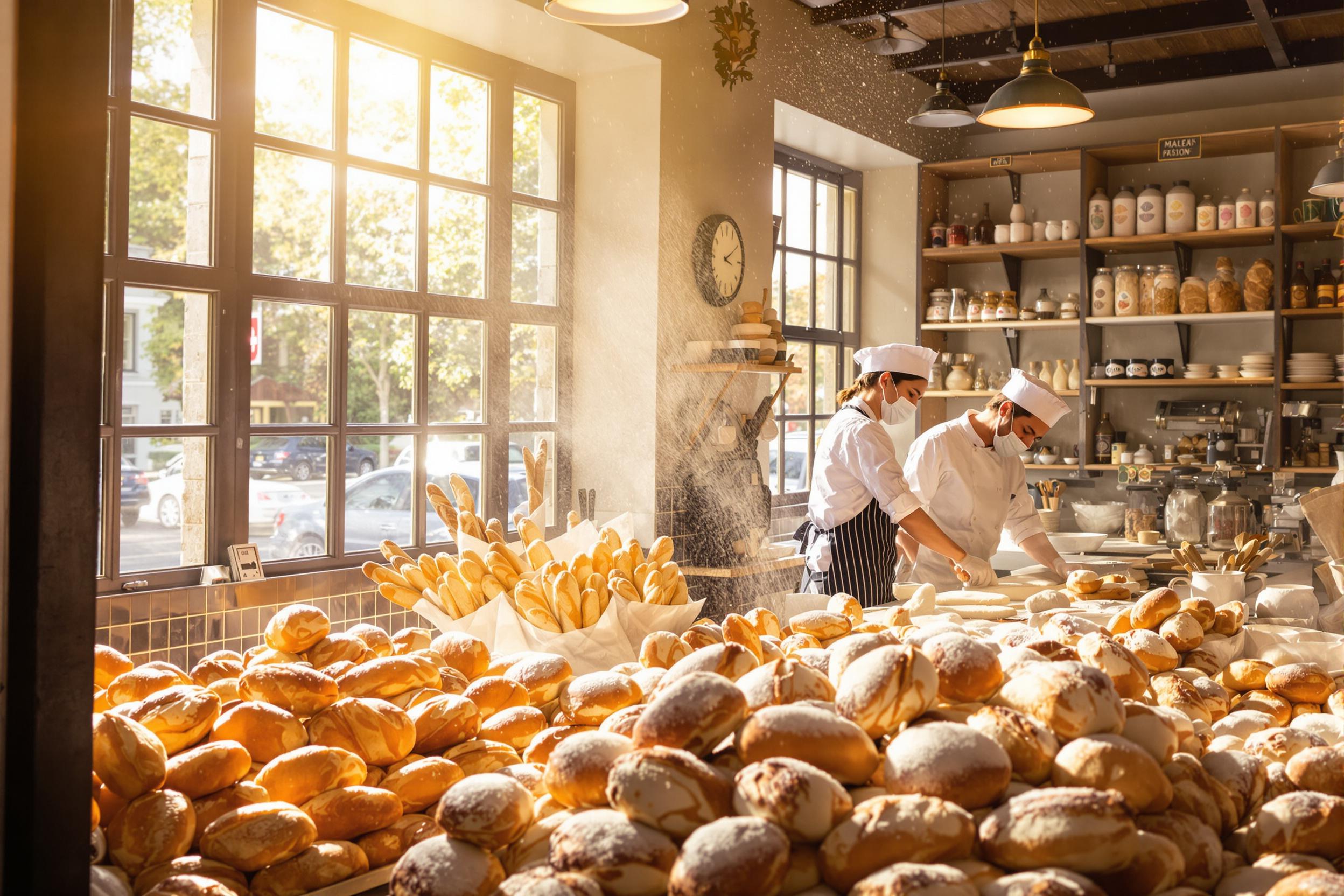 Inside a charming bakery, bakers are busily preparing fresh loaves of bread. Sunlight streams through large windows, casting a warm glow over the scene. Flour dust hangs in the air as hands expertly knead dough and shape artisan loaves. Shelves showcase golden-brown baguettes and colorful pastries, creating an inviting atmosphere for eager customers.