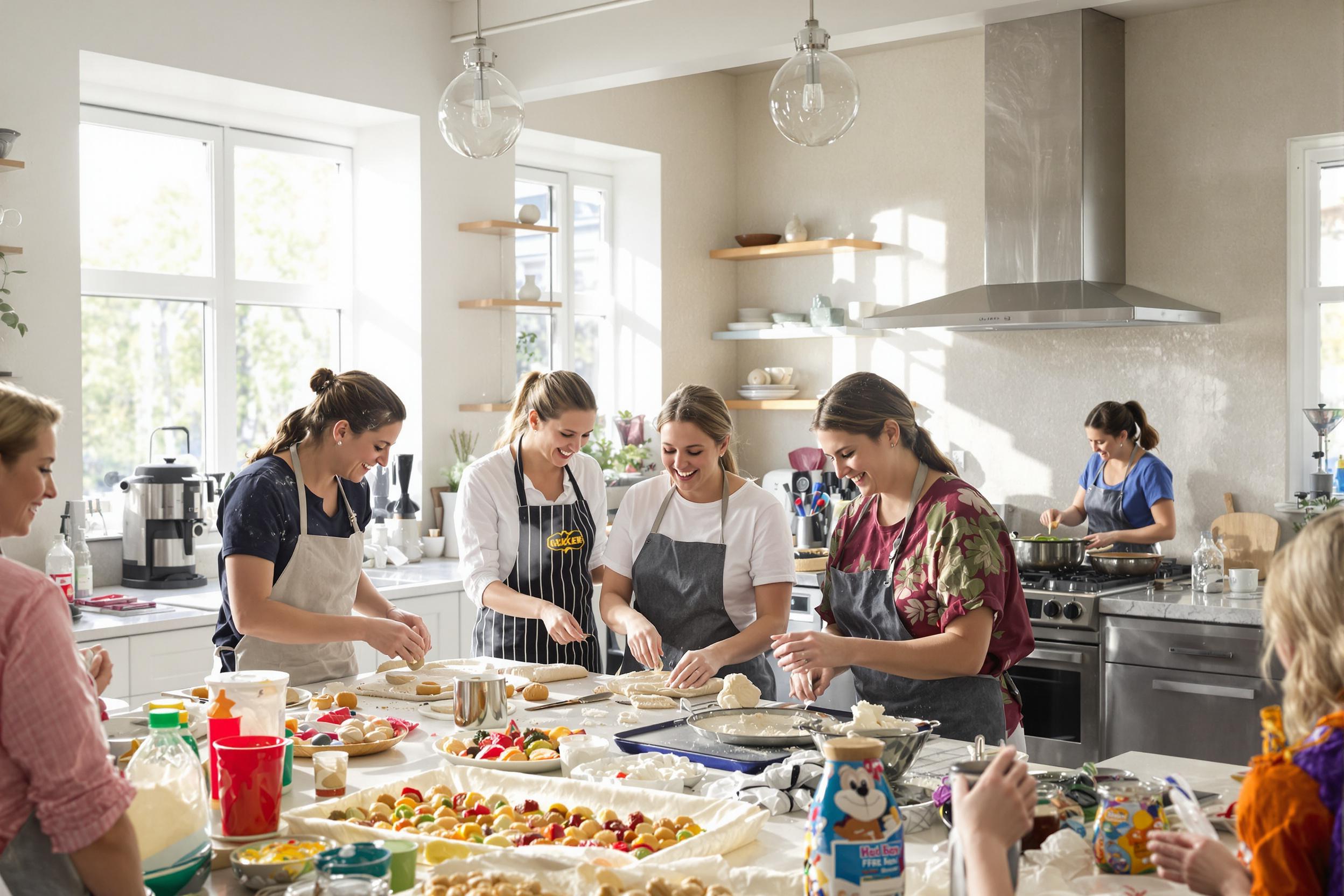 A bustling baking class takes place in a sun-filled kitchen adorned with modern appliances. Participants gather around an island, actively mixing dough and shaping pastries. Flour dust hangs in the air as laughter resonates, complemented by the vibrant array of colorful ingredients scattered across the countertop. Large windows provide ample light, highlighting their engaged faces.