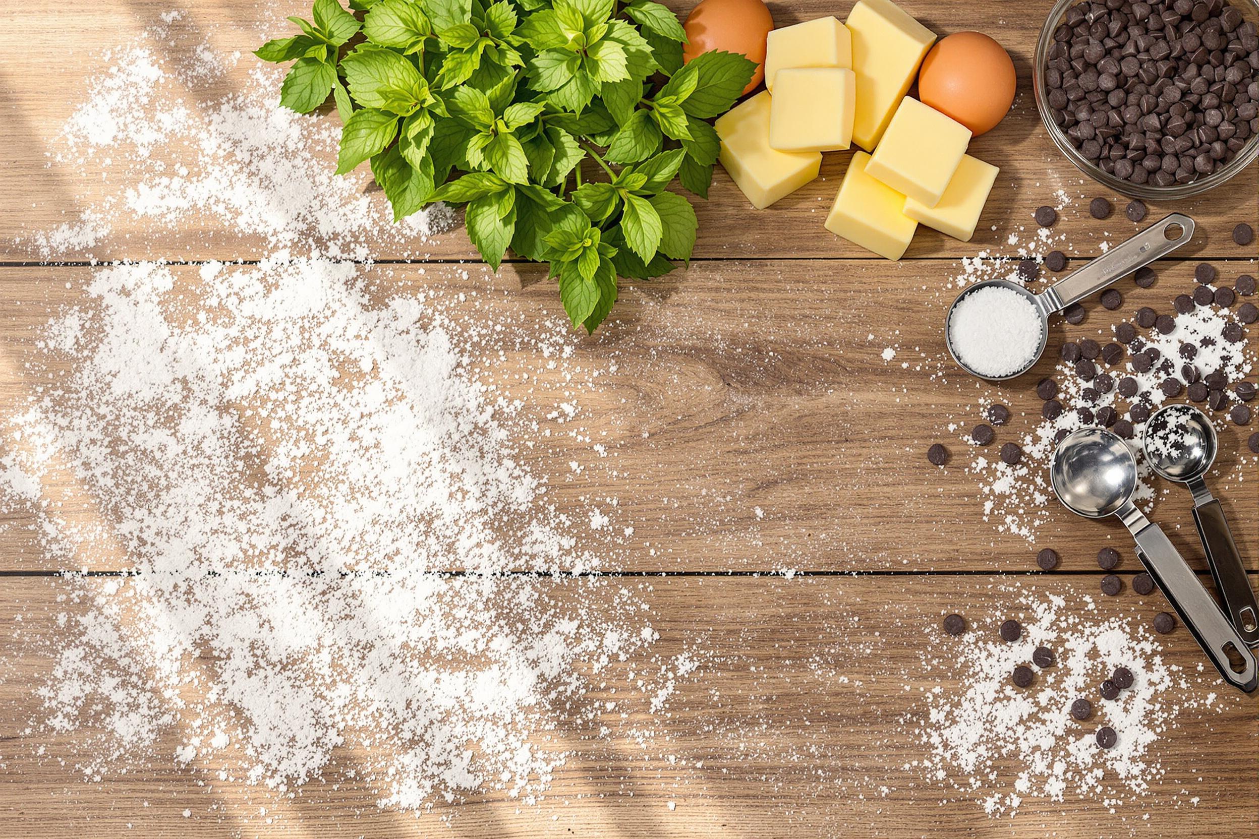 A beautifully arranged flat lay showcases an assortment of baking ingredients spread across a rustic wooden countertop. Flour dust forms a delicate cloud, while bright eggs sit next to golden butter rectangles. Bunches of vibrant green mint leaves add a pop of color, alongside measuring spoons and scattered chocolate chips. Warm morning light emphasizes the inviting textures.