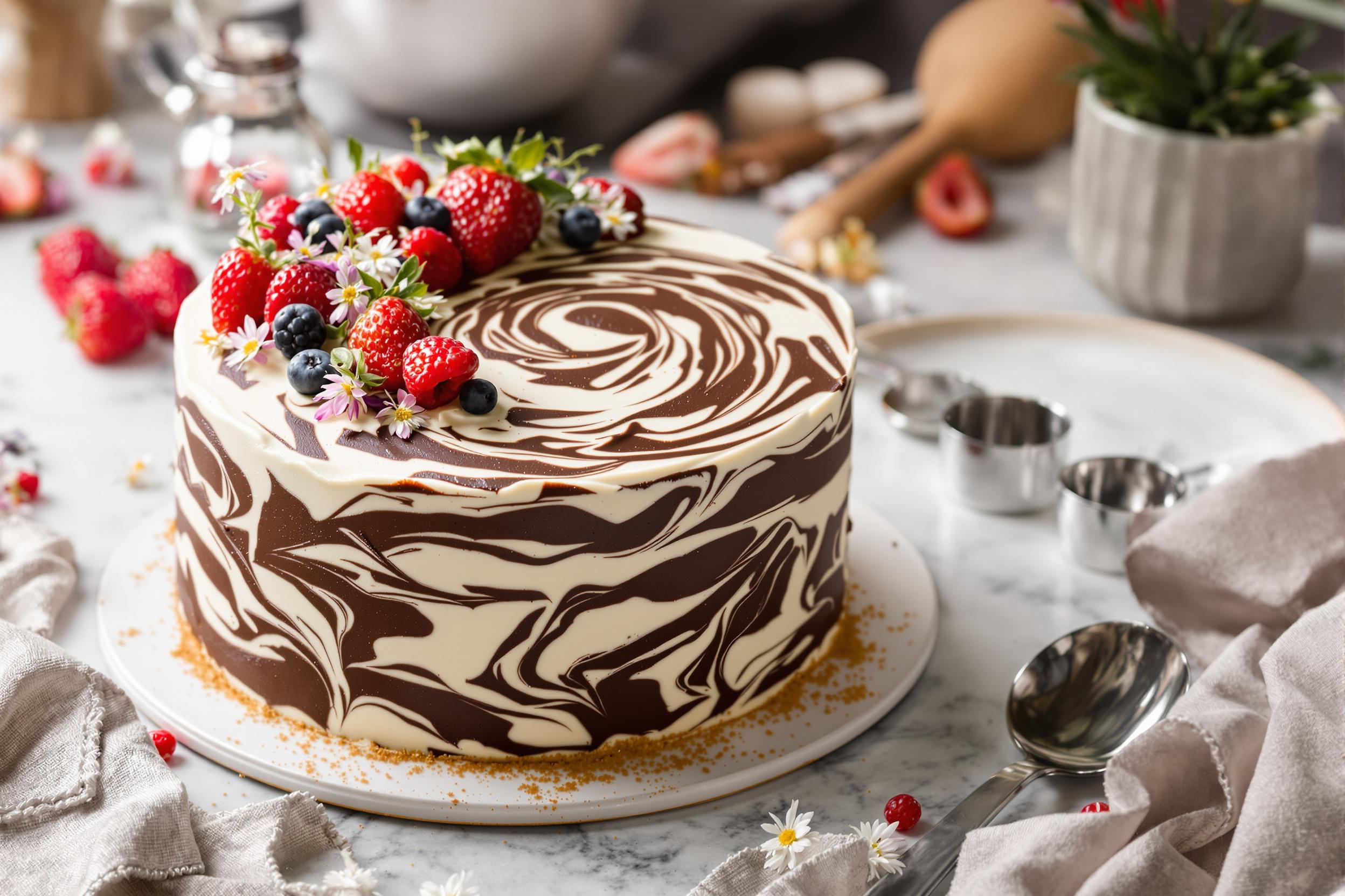 A close-up captures an exquisite marbled cake elegantly displayed on a minimalist kitchen countertop. The cake features swirling patterns of rich chocolate and creamy white frosting, topped with fresh berries and delicate edible flowers. Surrounding the cake are scattered baking tools, including measuring cups and spoons, illuminated by soft, diffused natural light, enhancing the scene's inviting warmth.