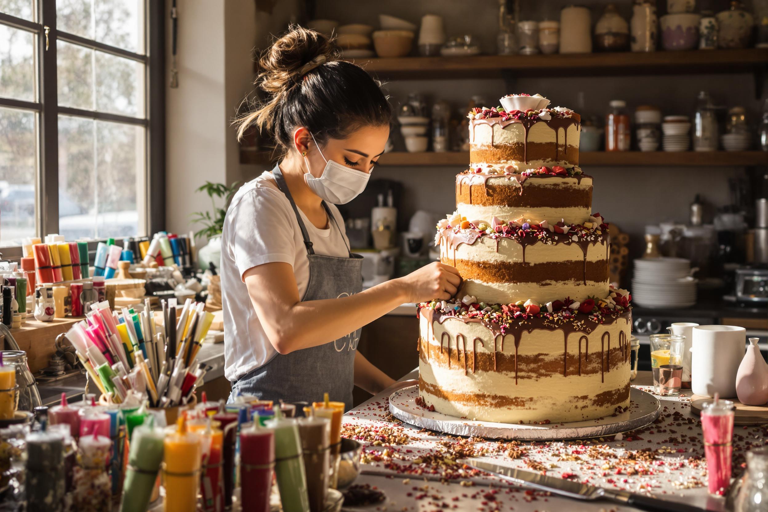 An artisan baker skillfully decorates a stunning multi-layered cake in a cozy bakery kitchen. Surrounded by an array of colorful icing tubes and sprinkles, her focused hands expertly apply delicate designs to the cake's surface. Sunlight filters through the window, illuminating the rich textures of the frosting and the rustic charm of the kitchen.